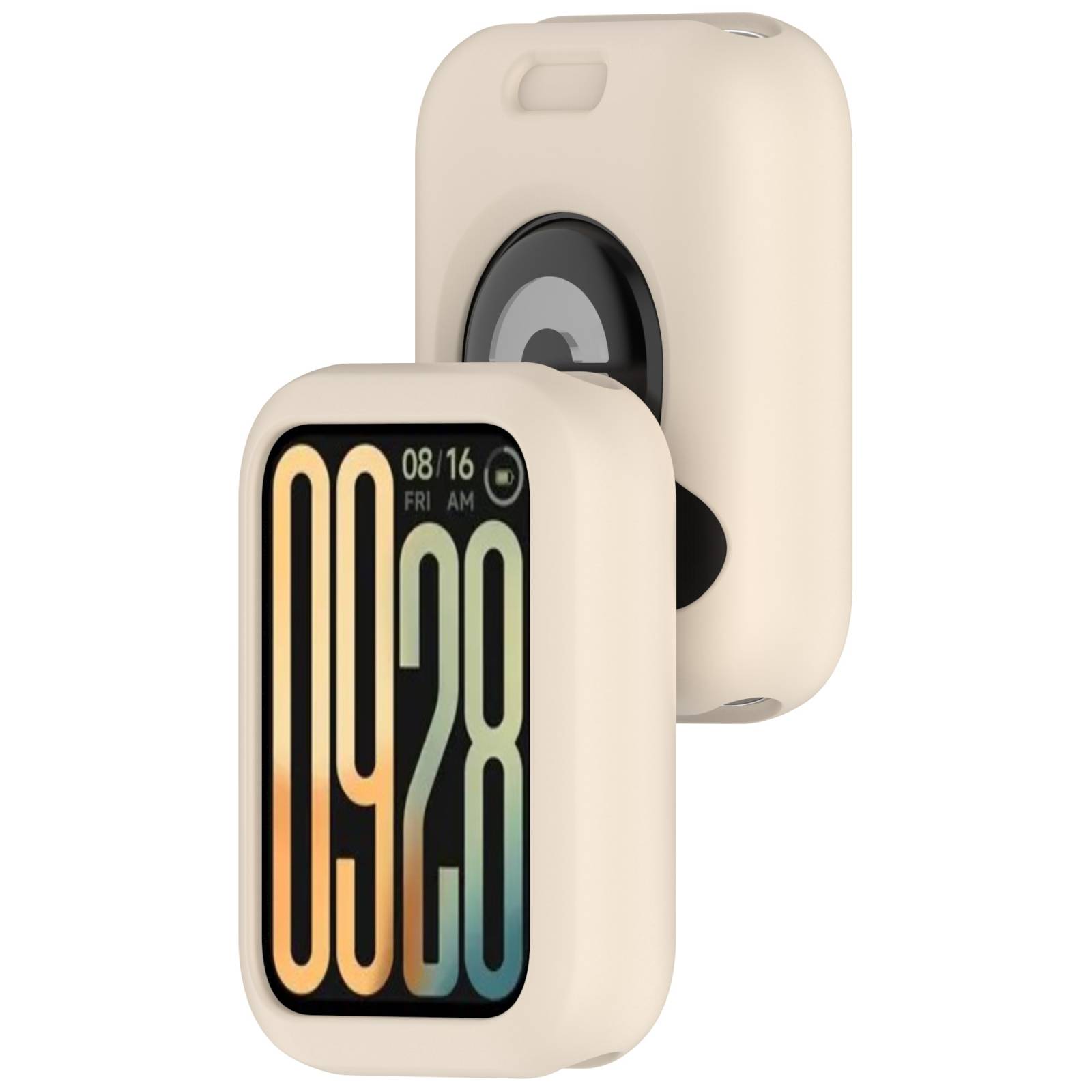 Beige-farbige Schutzhülle für Apple Watch mit frontseitiger Aussparung, die das Zifferblatt der Uhr zeigt, von vorne und hinten betrachtet.