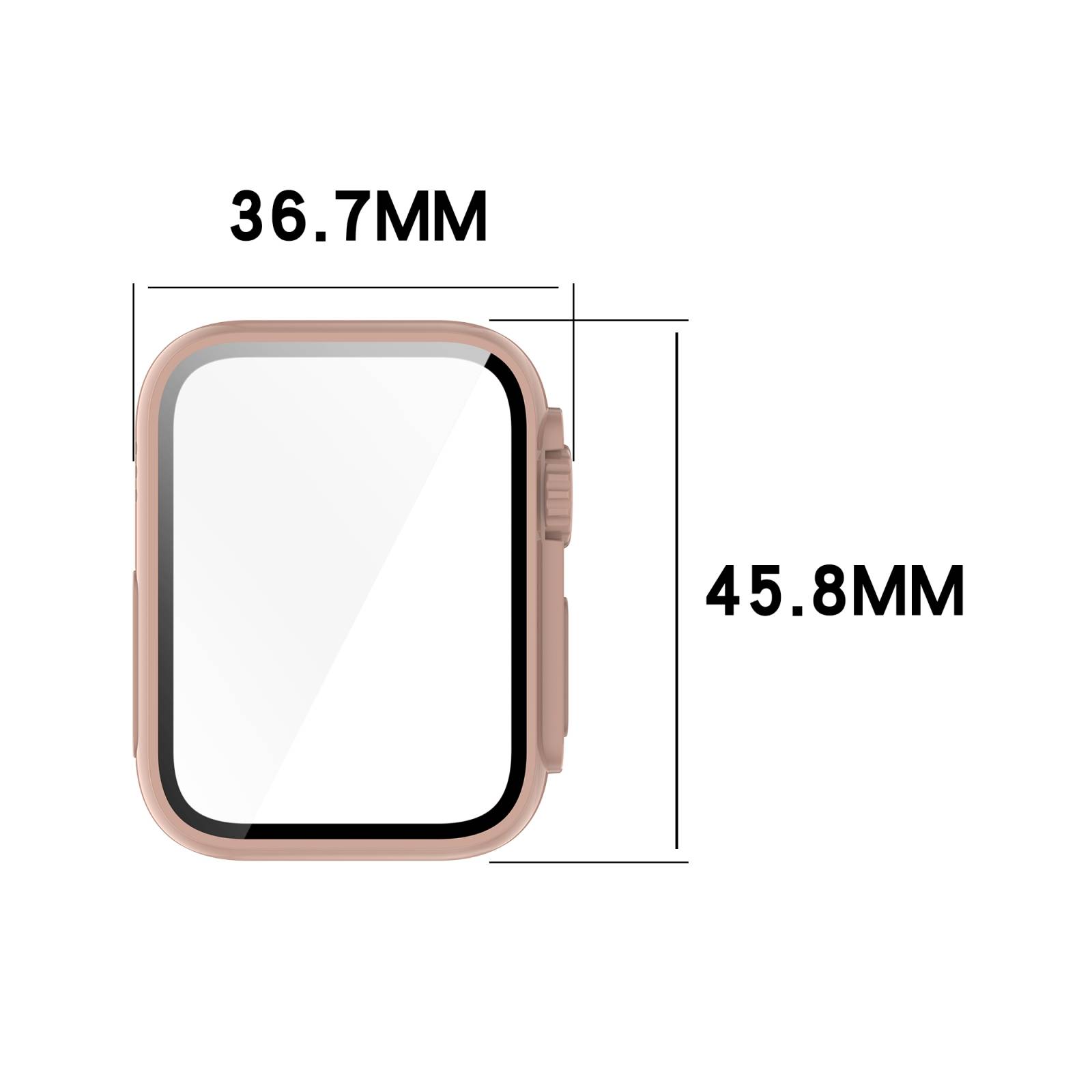 Roségold-Smartwatch-Zifferblatt mit beschrifteten Abmessungen 36,7 mm breit und 45,8 mm hoch.