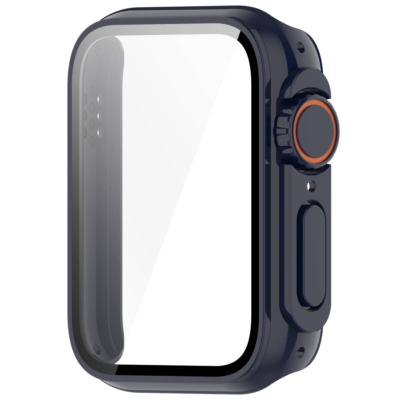 Schwarzes rechteckiges Smartwatch-Gehäuse mit großem leerem Display, seitlich orangegefasster Krone und Taste auf weißem Hintergrund.