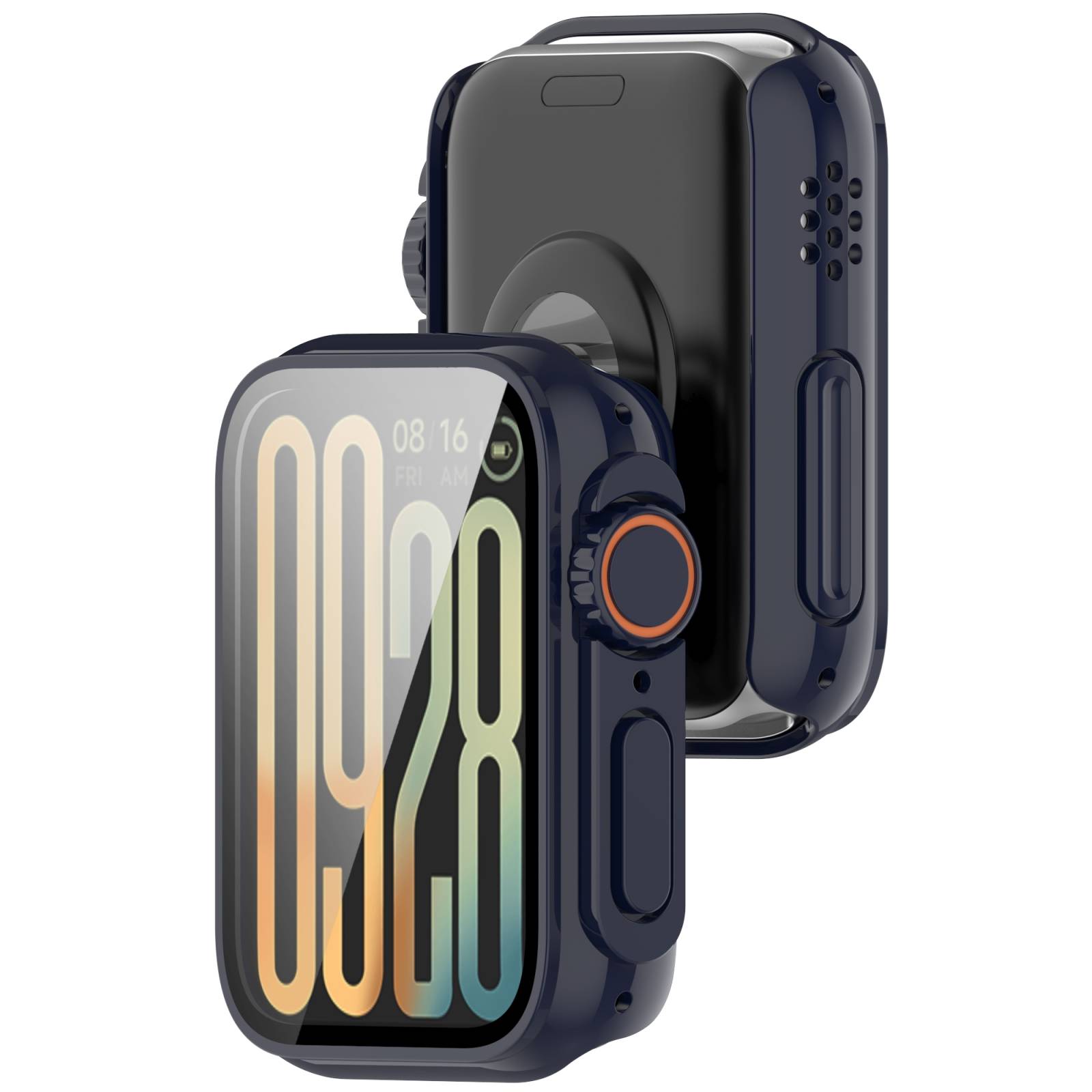 Zwei dunkelblauberechnete Smartwatch-Gehäuse, von vorne und von hinten gezeigt, mit erhobener rotierender Krone und seitlichen Tastenausschnitten.