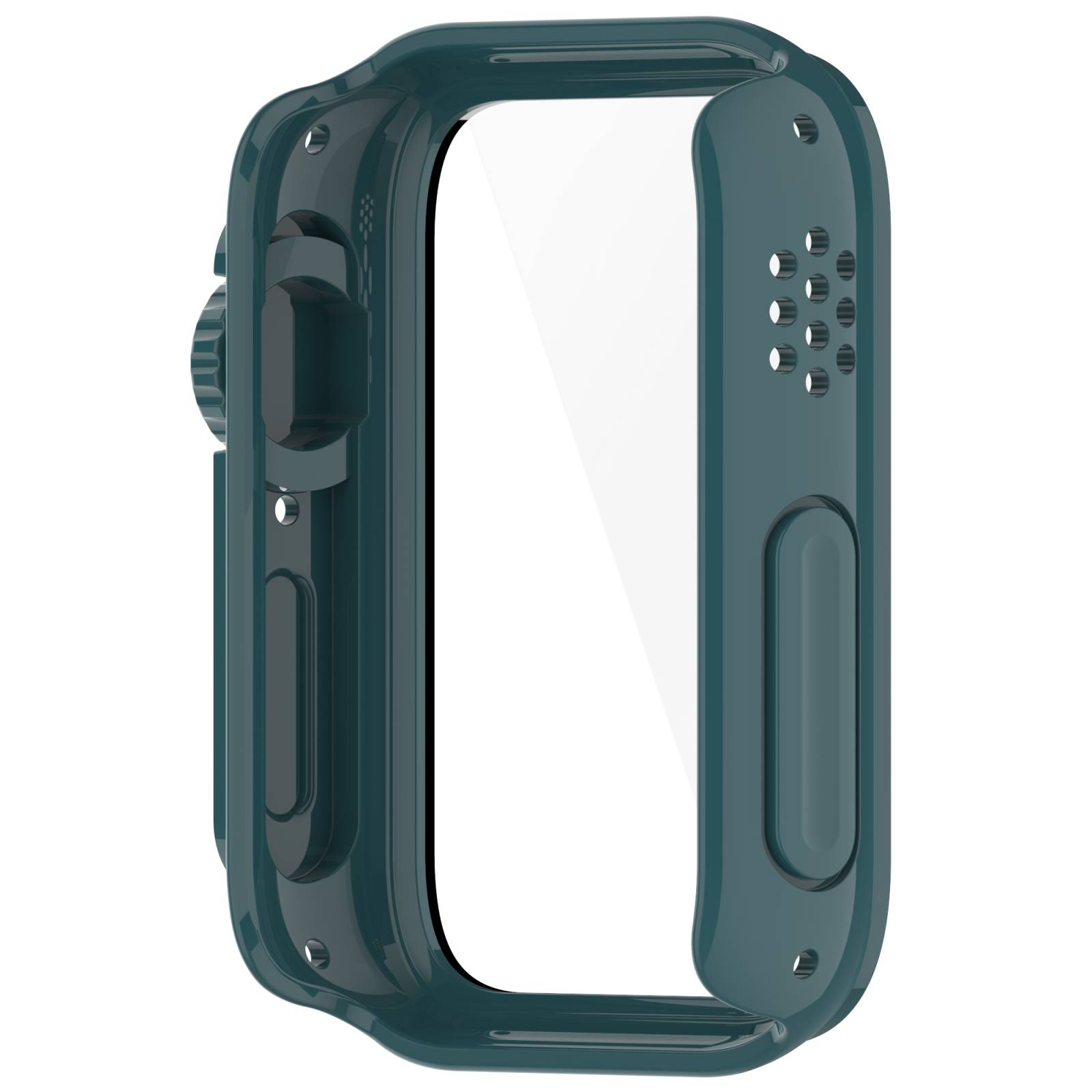 Dunkelblaue-grüne Smartwatch-Hülle oder Schutzrahmen, gezeigt in Dreiviertelsicht auf weißem Hintergrund, mit sichtbaren Tastenöffnungen und Lautsprecherlöchern.