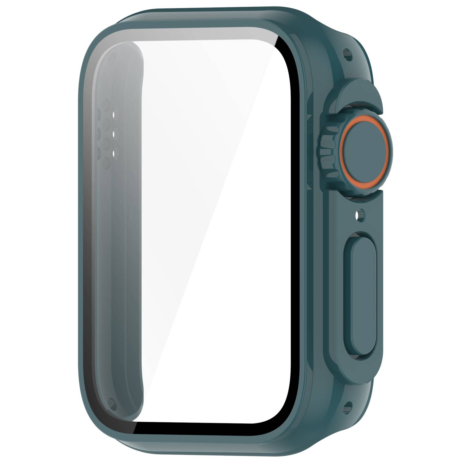 Ein dunkelgrüner robuster Smartwatch-Case mit großem leerem Bildschirm, Krone an der Seite und Seitenschaltfläche, gezeigt auf weißem Hintergrund.