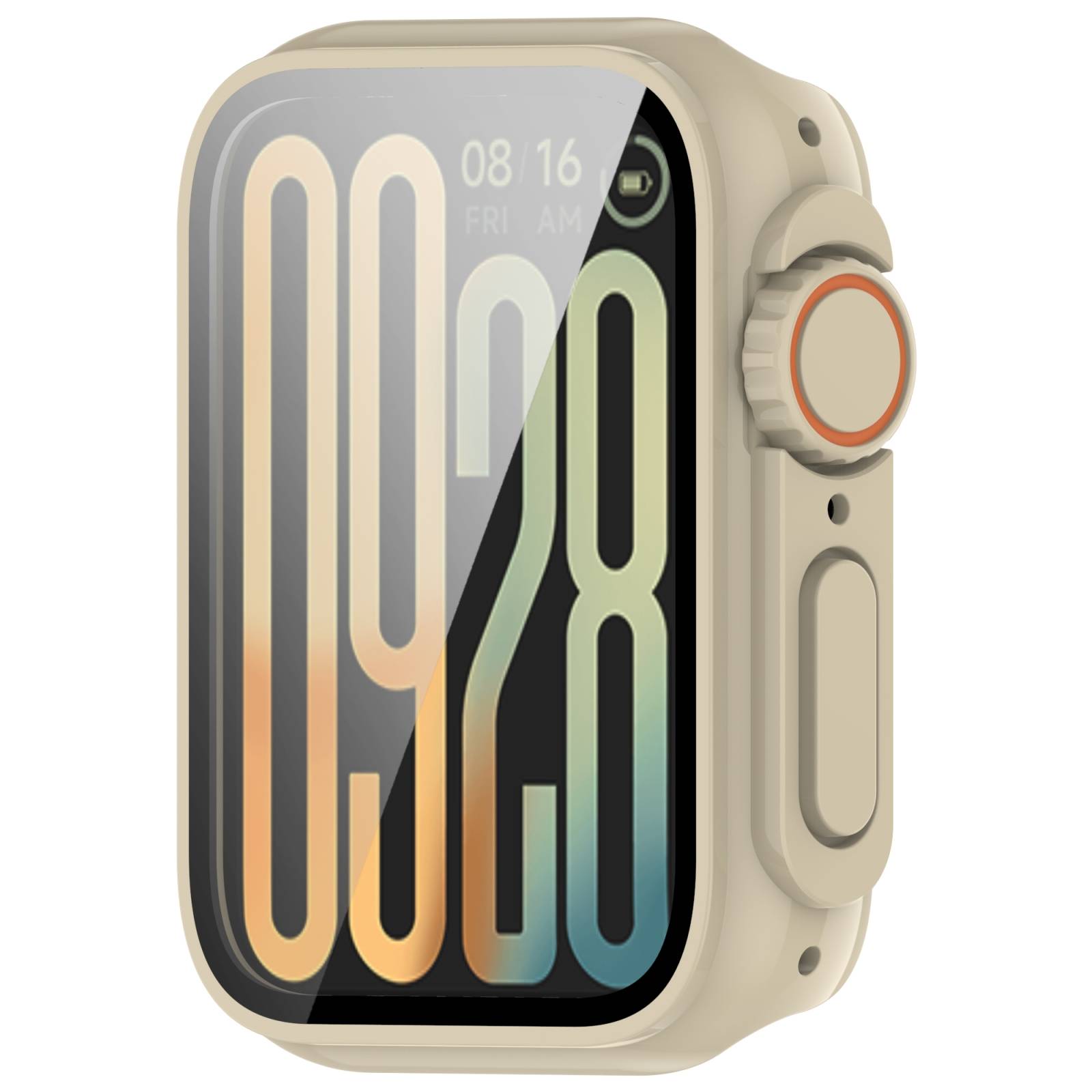 Beige Smartwatch mit schwarzem Bildschirm, das große Zeitanzeige '09 28' zeigt, und einer seitlich angebrachten Krone-Taste.