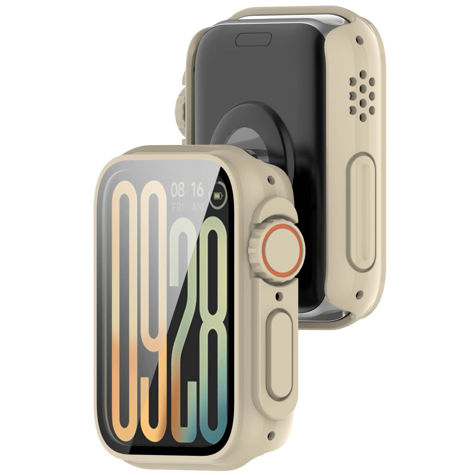 Zwei beige robuste Smartwatches von vorne und hinten gezeigt, mit Schutzfällen, digitales Display zeigt 09:28 und eine seitliche Krone-Taste.
