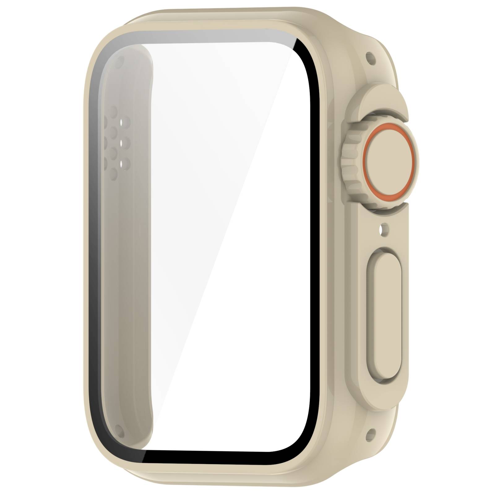 Beigefarbige quadratische Smartwatch mit leerem Bildschirm, seitliche digitale Krone und Schaltfläche, in 3D auf weißem Hintergrund dargestellt.