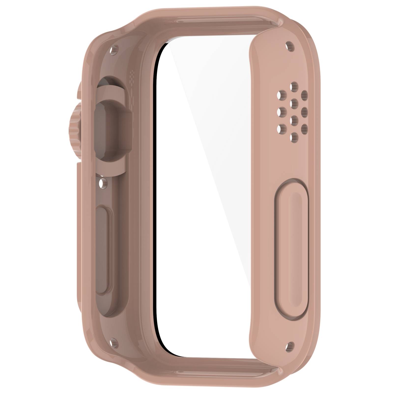 Roségold-Schutzhülle für Smartwatch mit Seitentastenschutz und Lautsprecherlöchern, vor weißem Hintergrund dargestellt.