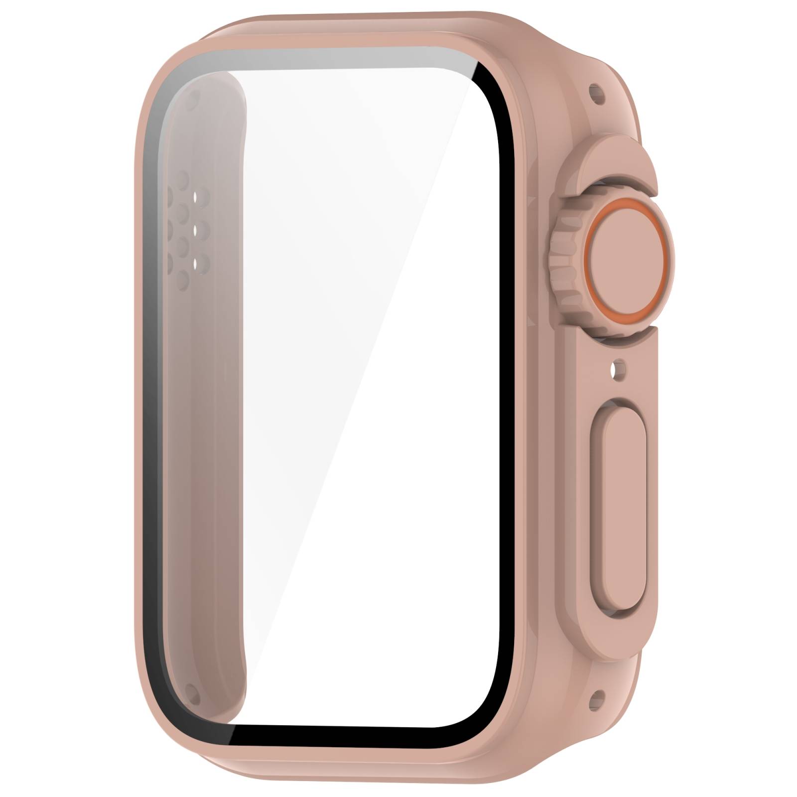 Rosa Smartwatch-Hülle mit großem Bildschirm, seitlicher Krone und Aktionstaste auf weißem Hintergrund dargestellt.