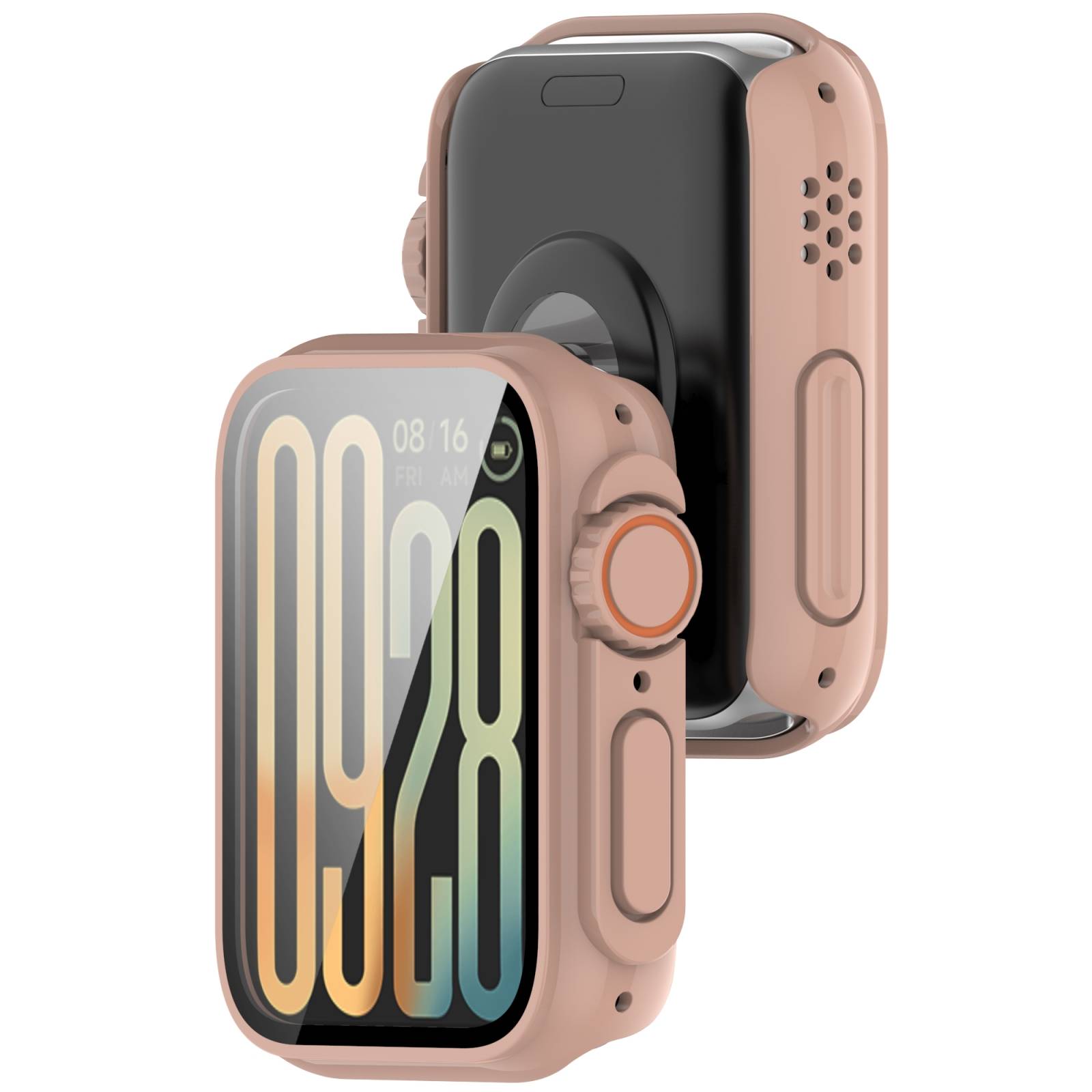 Zwei rosafarbene robuste Smartwatches, eine zeigt den Vorderbildschirm mit „0928
