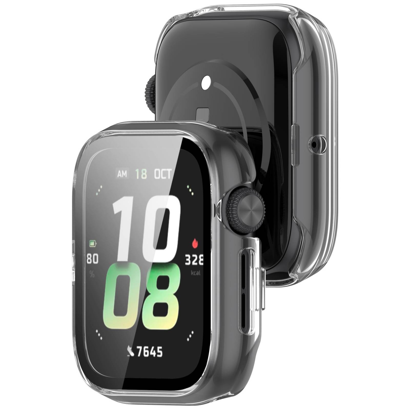 Zwei Smartwatches mit transparenten Schutzhüllen, wobei eine ein digitales Fitness-Watchface mit Uhrzeit, Datum, Schritten und Kalorien anzeigt.