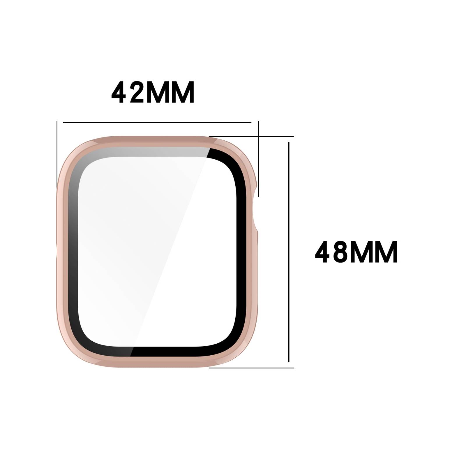 Diagramm eines quadratischen Gehäuses für eine Uhr mit einer Breite von 42MM und einer Höhe von 48MM, das die Geräteabmessungen zeigt.