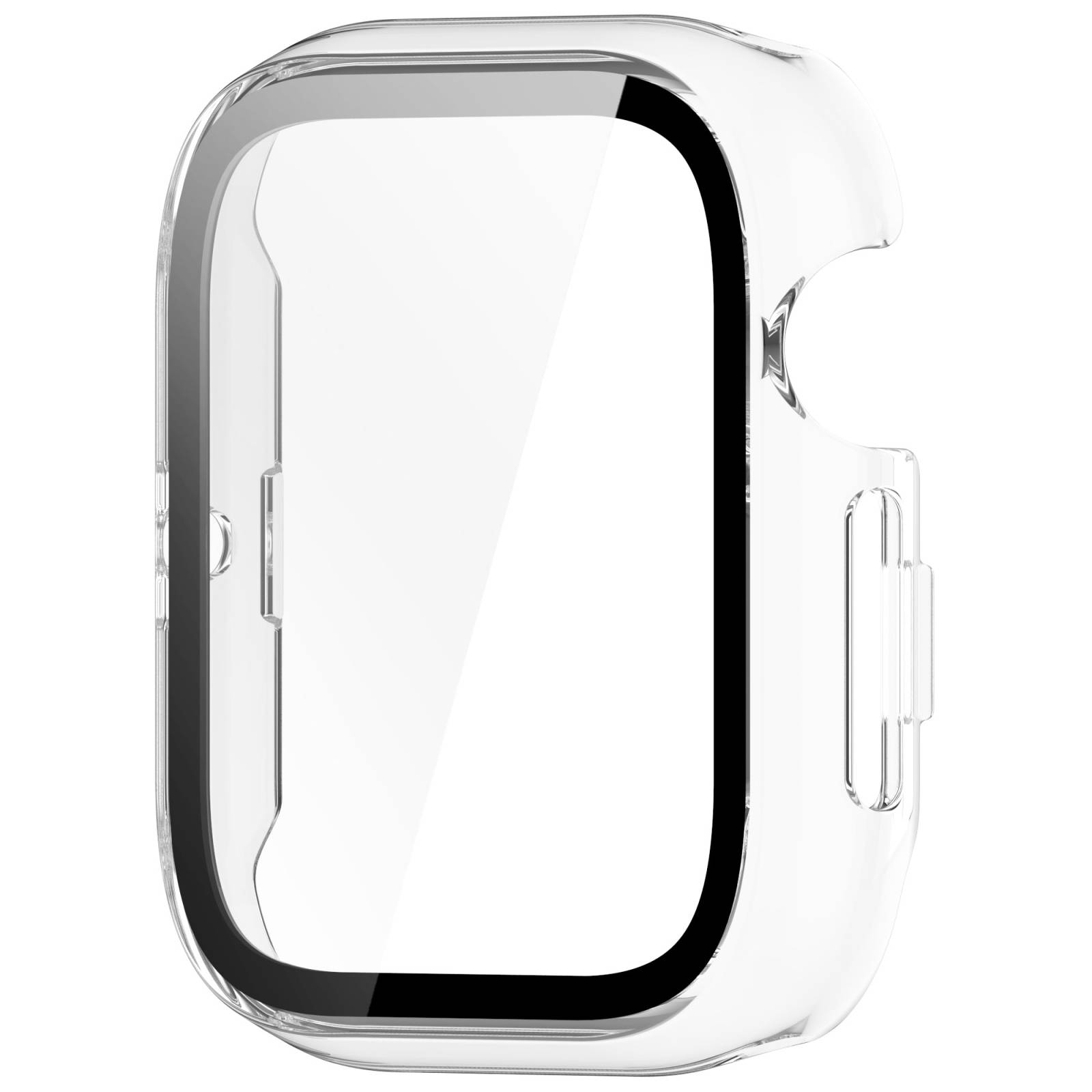 Durchsichtige Schutzhülle für eine rechteckige Smartwatch, gezeigt in Seitenansicht auf weißem Hintergrund.