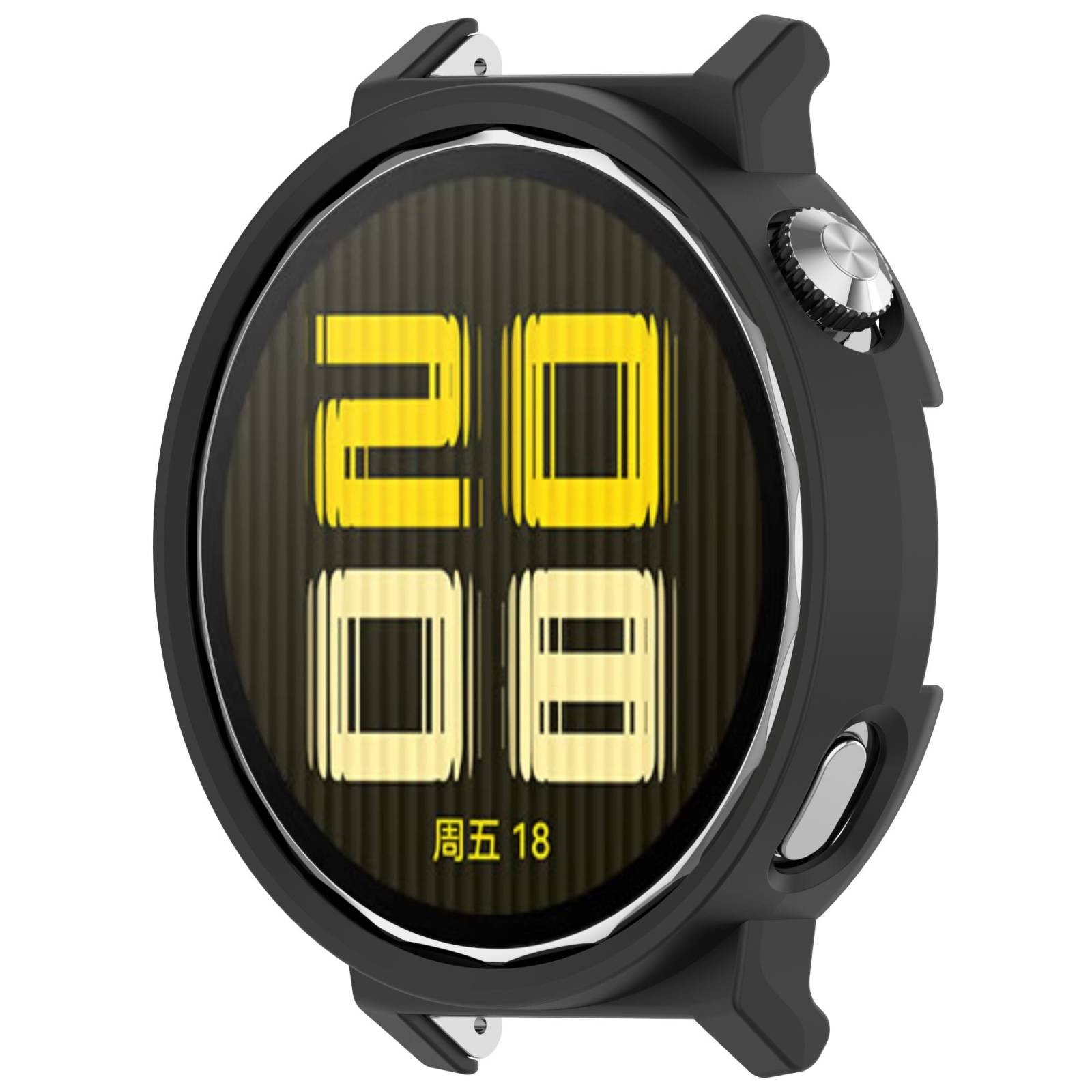 Schwarze runde Smartwatch mit digitaler Uhrzeit 20:08 und chinesischem Text „周五 18