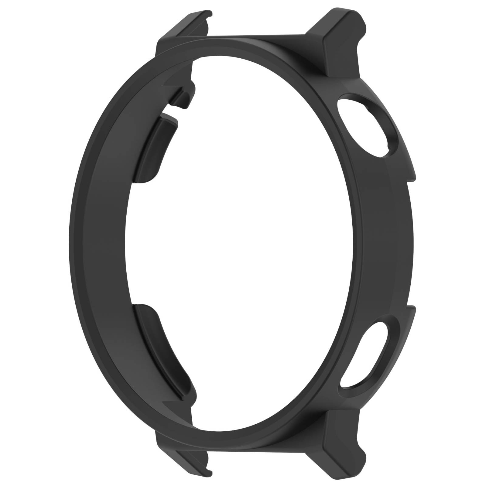 Schwarzes rundes Uhrengehäuse/Rahmen mit Ausschnitten und Schutzvorsprüngen, dargestellt auf weißem Hintergrund.