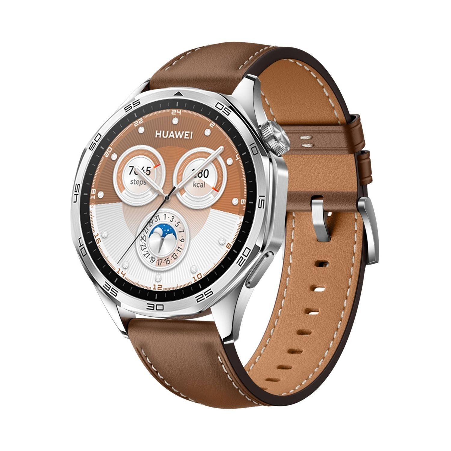 Für Huawei Watch GT 5 Pro 46mm Leder Ersatz Armband mit silberner Schnalle Braun