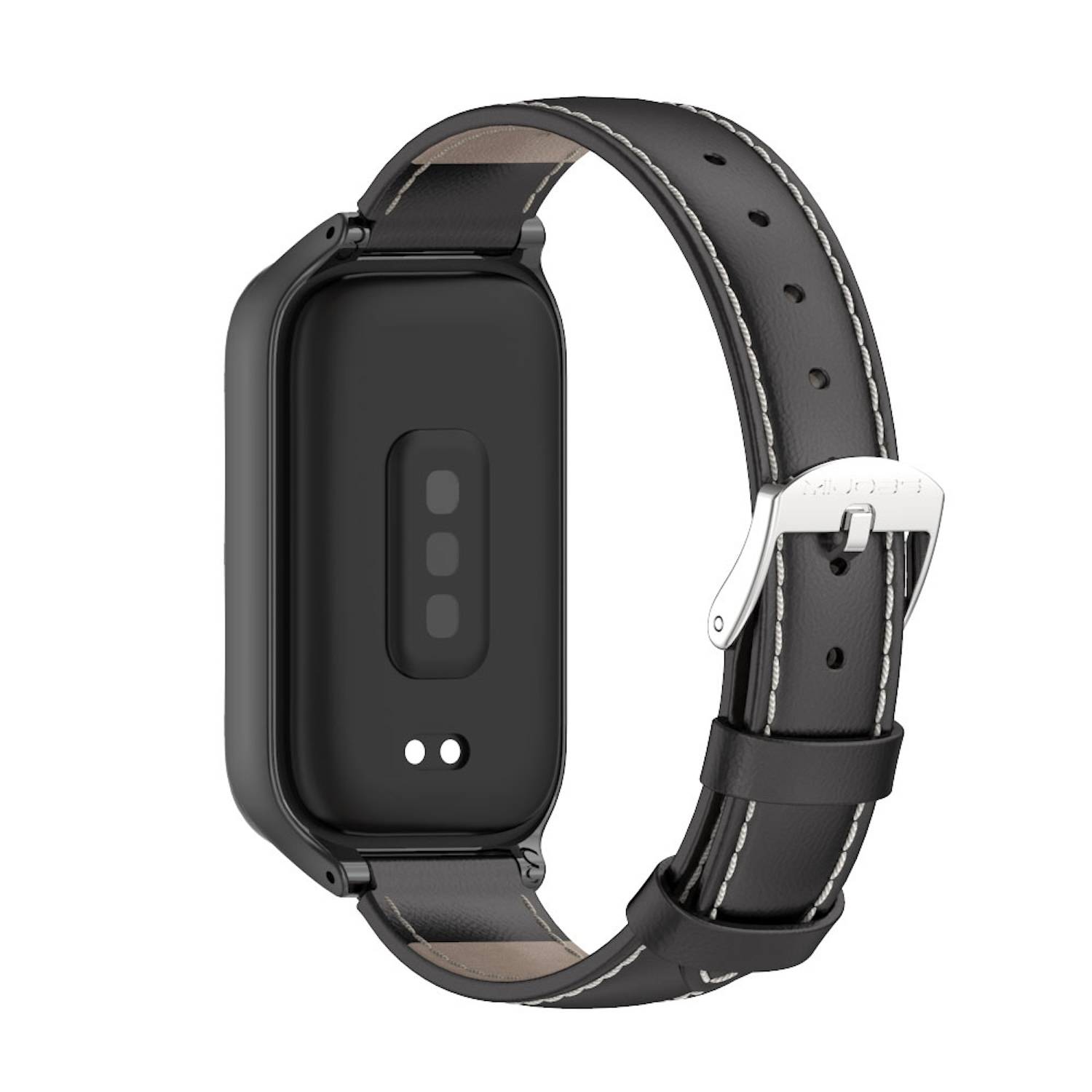 Für Xiaomi Smart Band 9 Active / Redmi Band 3 Leder Arm Band mit Metallrahmen Schwarz