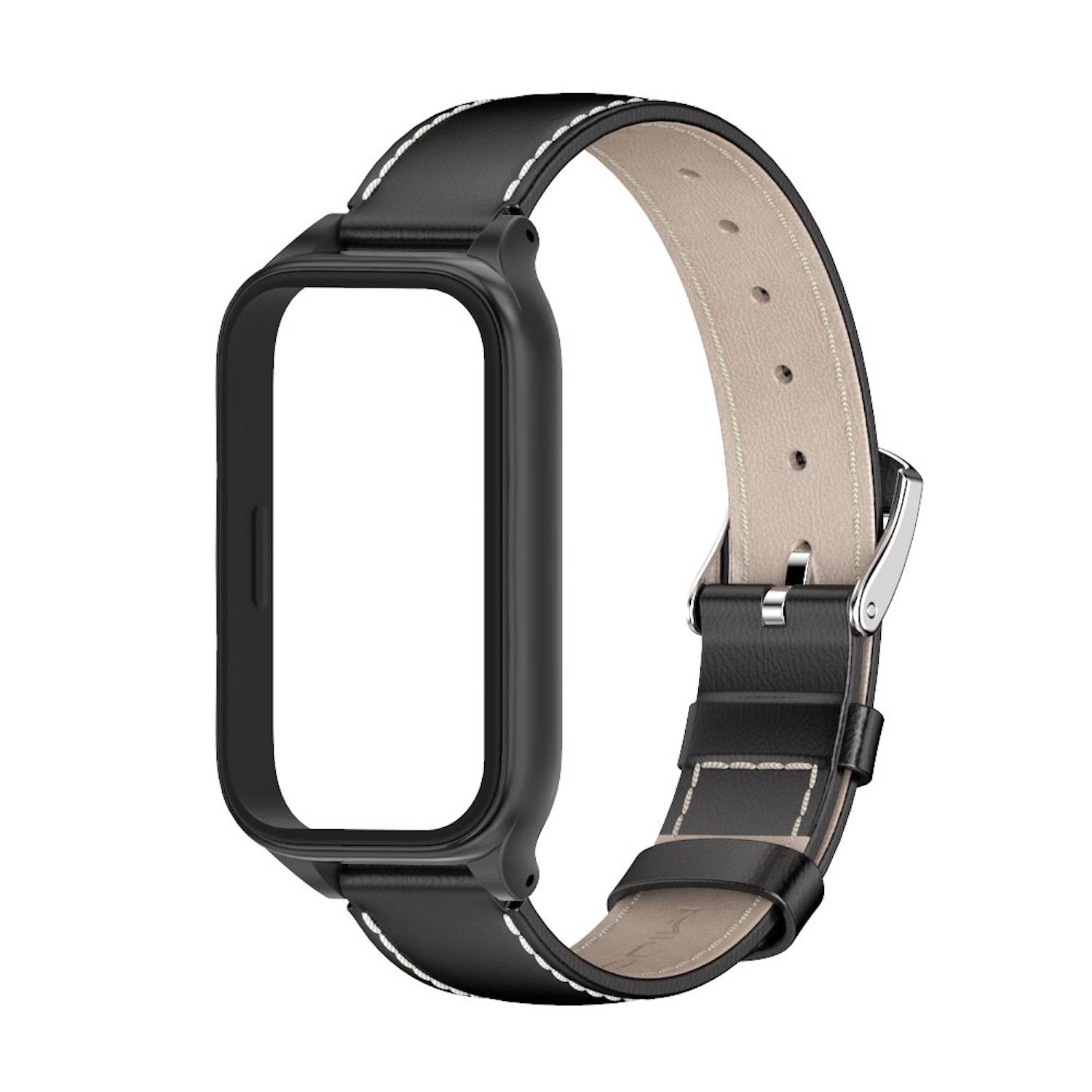 Für Xiaomi Smart Band 9 Active / Redmi Band 3 Leder Arm Band mit Metallrahmen Schwarz