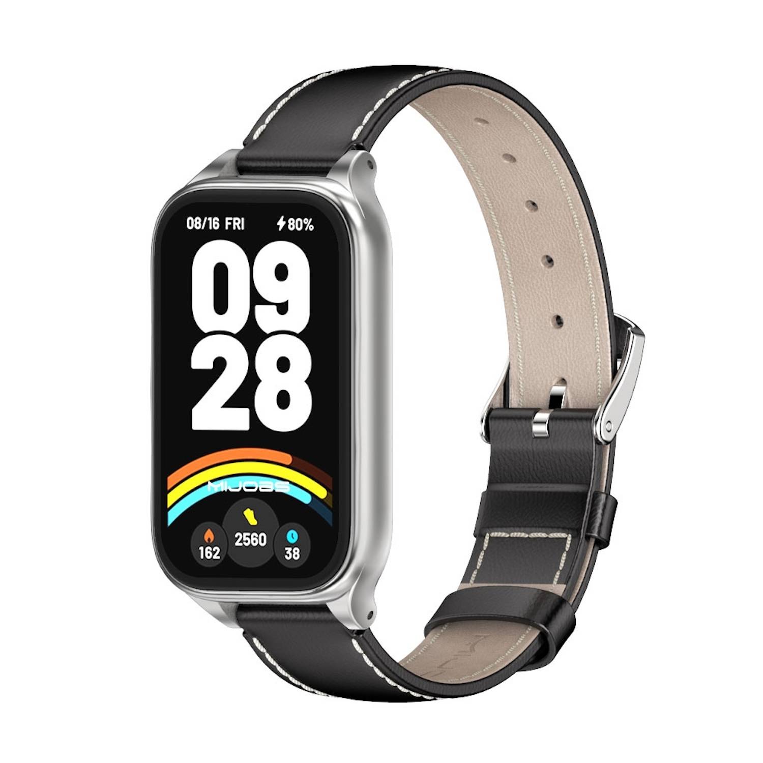 Für Xiaomi Smart Band 9 Active / Redmi Band 3 Leder Arm Band mit Metallrahmen Schwarz / Silber