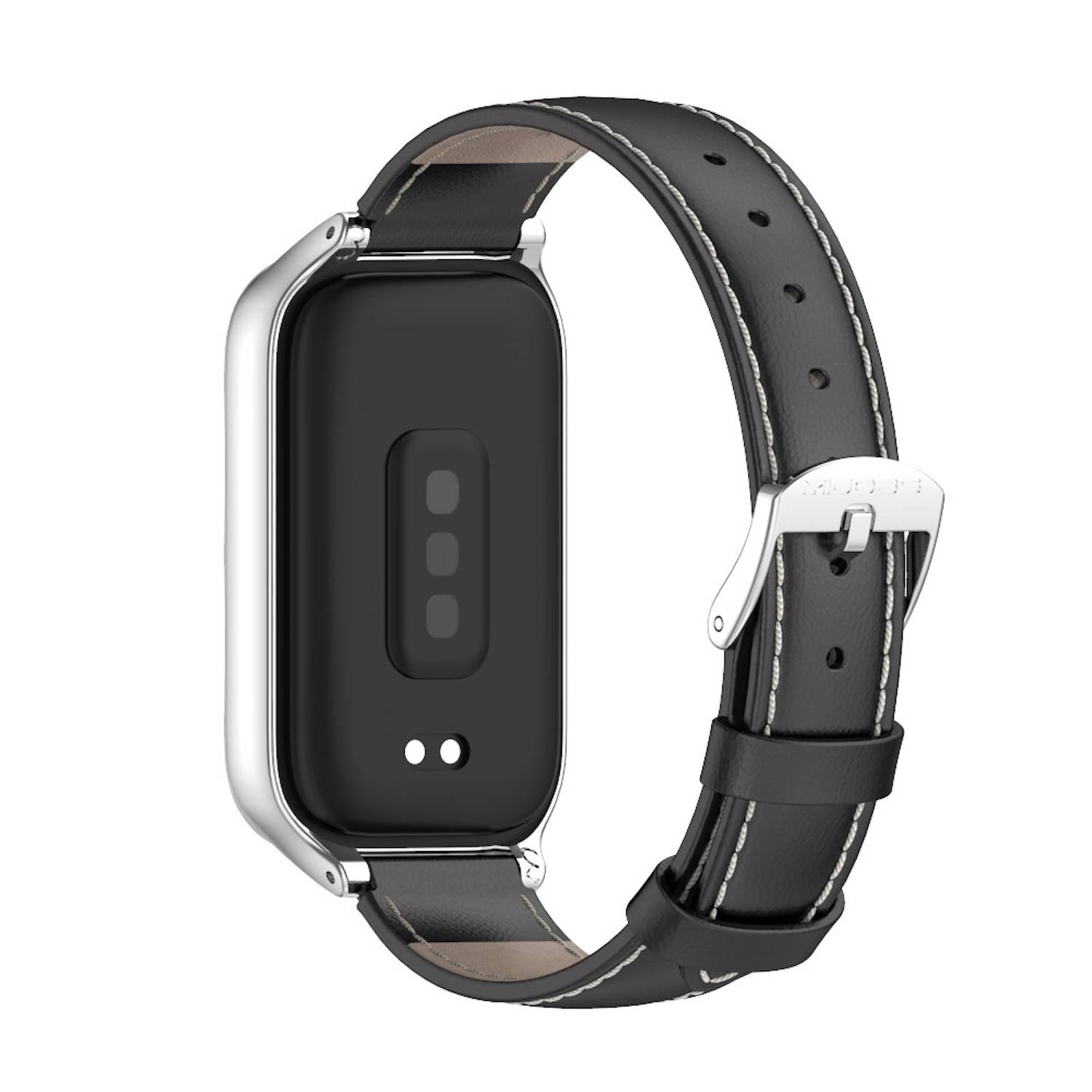 Für Xiaomi Smart Band 9 Active / Redmi Band 3 Leder Arm Band mit Metallrahmen Schwarz / Silber