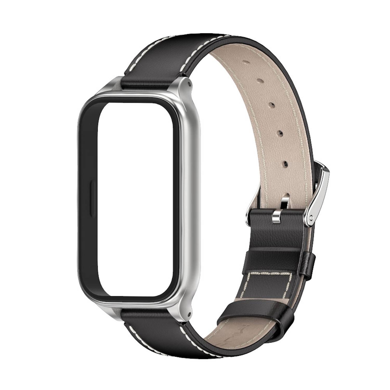 Für Xiaomi Smart Band 9 Active / Redmi Band 3 Leder Arm Band mit Metallrahmen Schwarz / Silber