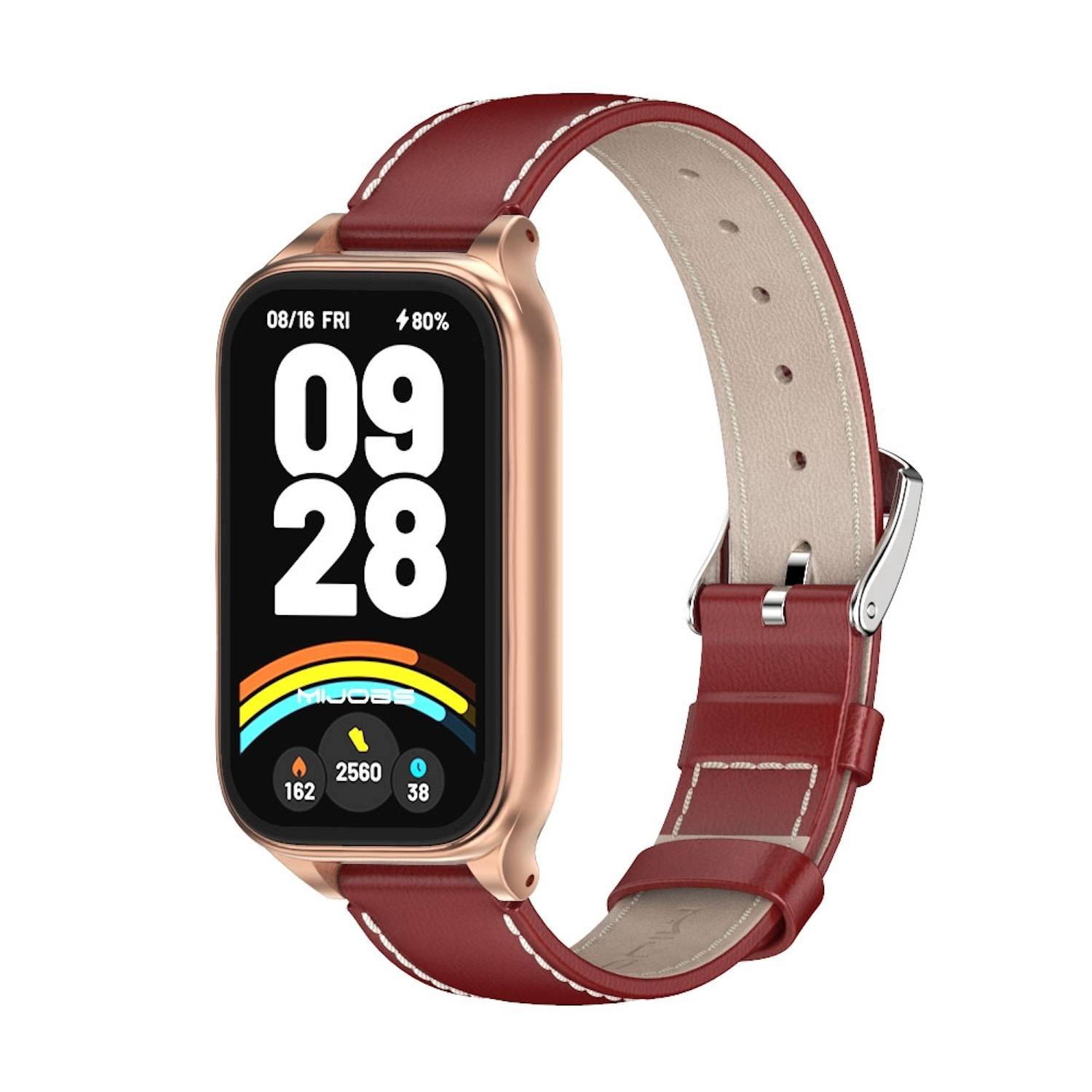 Für Xiaomi Smart Band 9 Active / Redmi Band 3 Leder Arm Band mit Metallrahmen Rot / Rose Gold