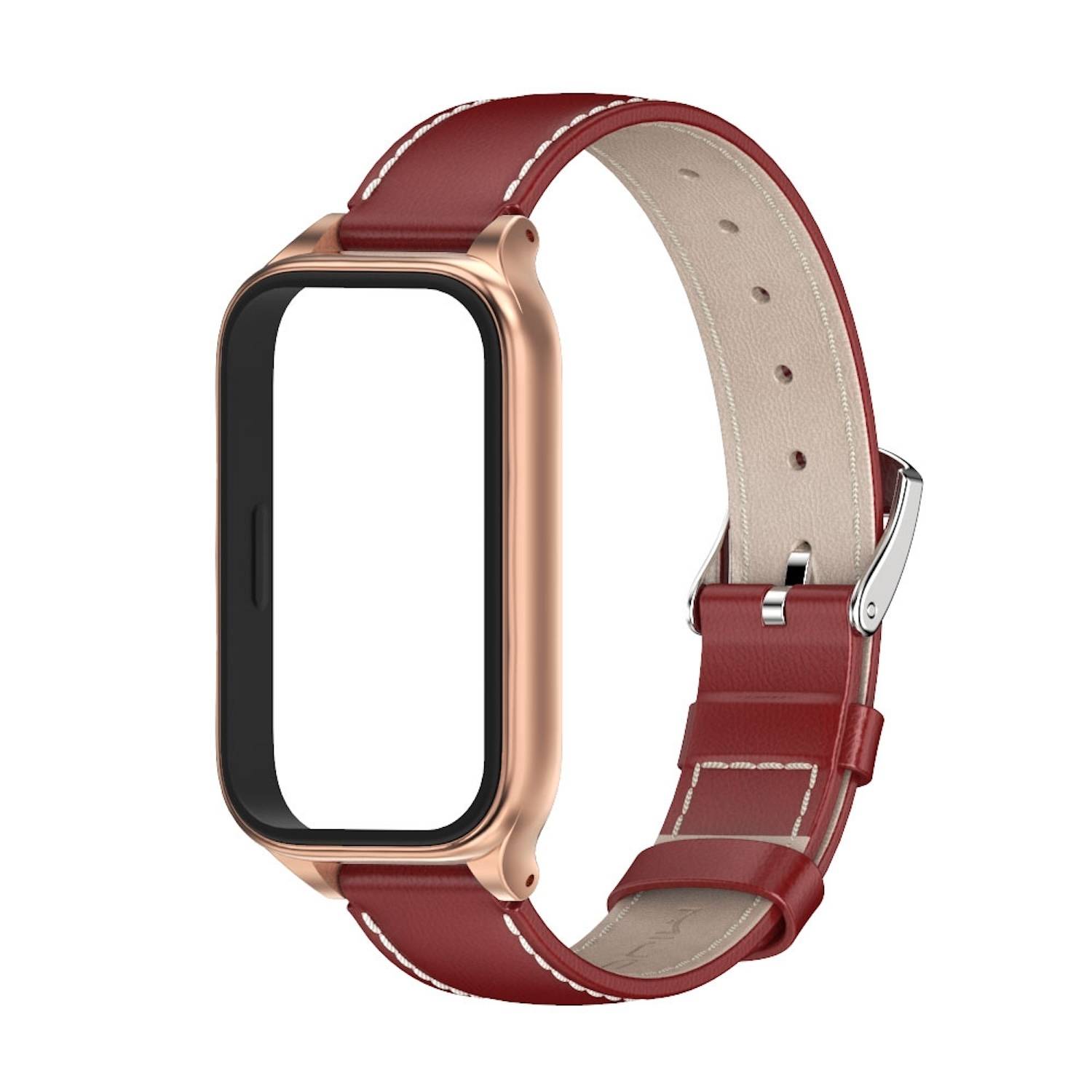 Für Xiaomi Smart Band 9 Active / Redmi Band 3 Leder Arm Band mit Metallrahmen Rot / Rose Gold