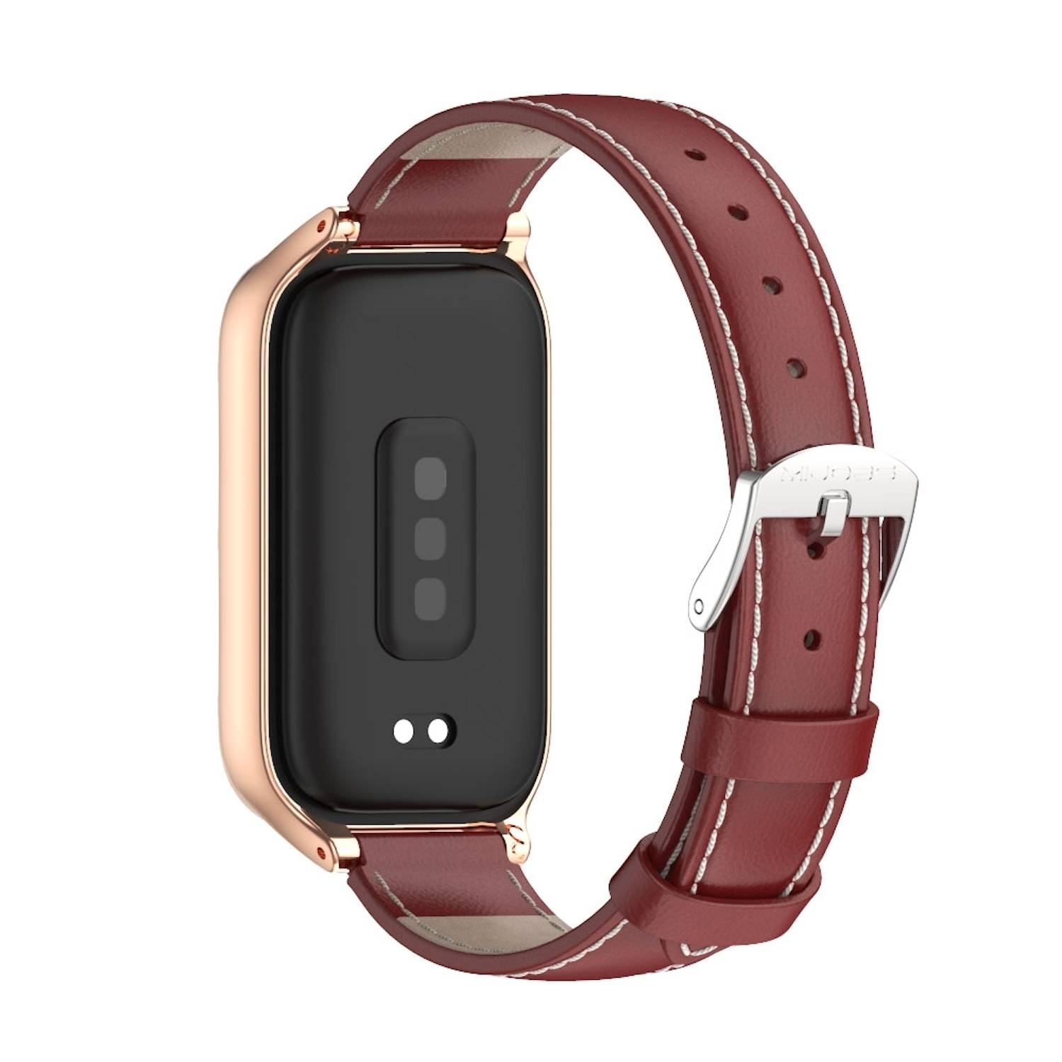 Für Xiaomi Smart Band 9 Active / Redmi Band 3 Leder Arm Band mit Metallrahmen Rot / Rose Gold