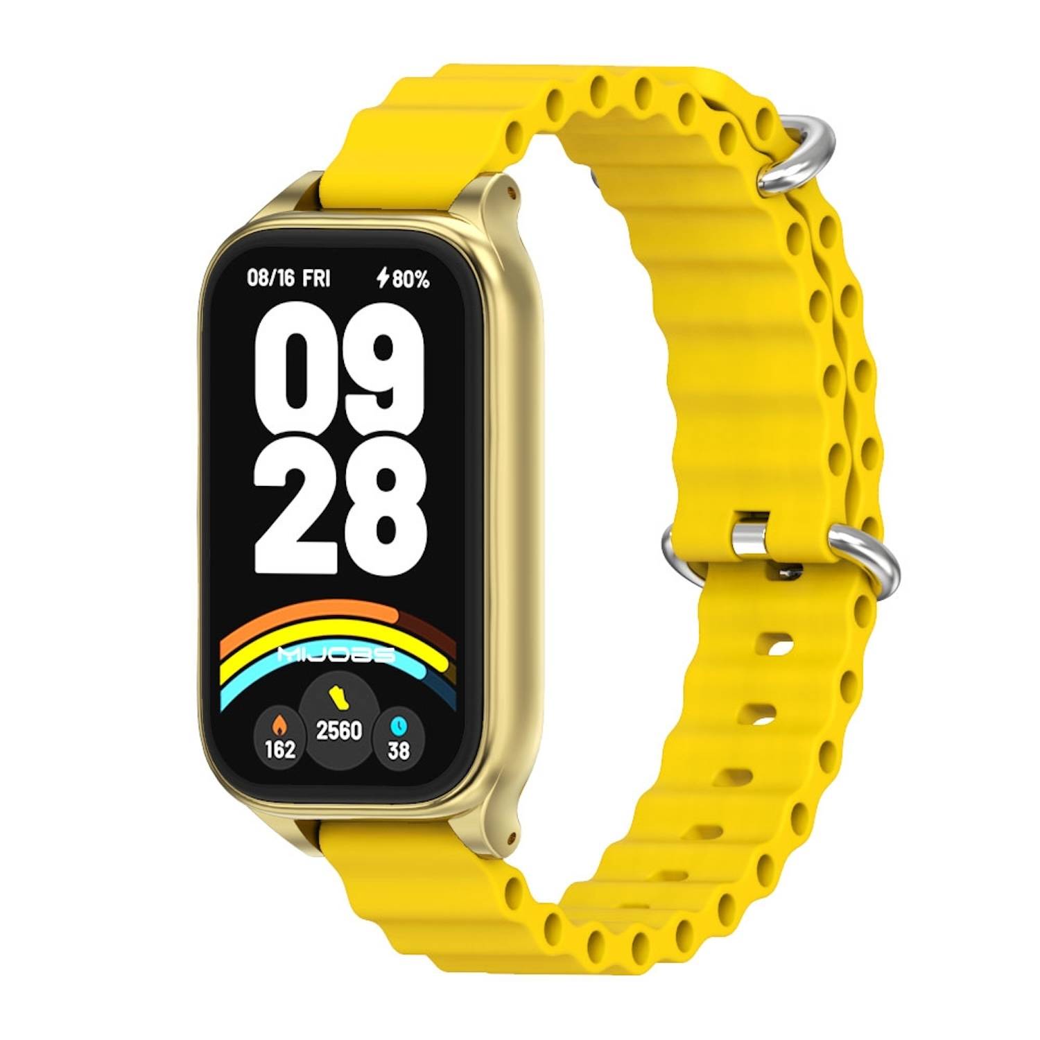 Für Xiaomi Smart Band 9 Active / Redmi Band 3 Silikon Marine Design Arm Band mit Metallrahmen Gelb / Gold