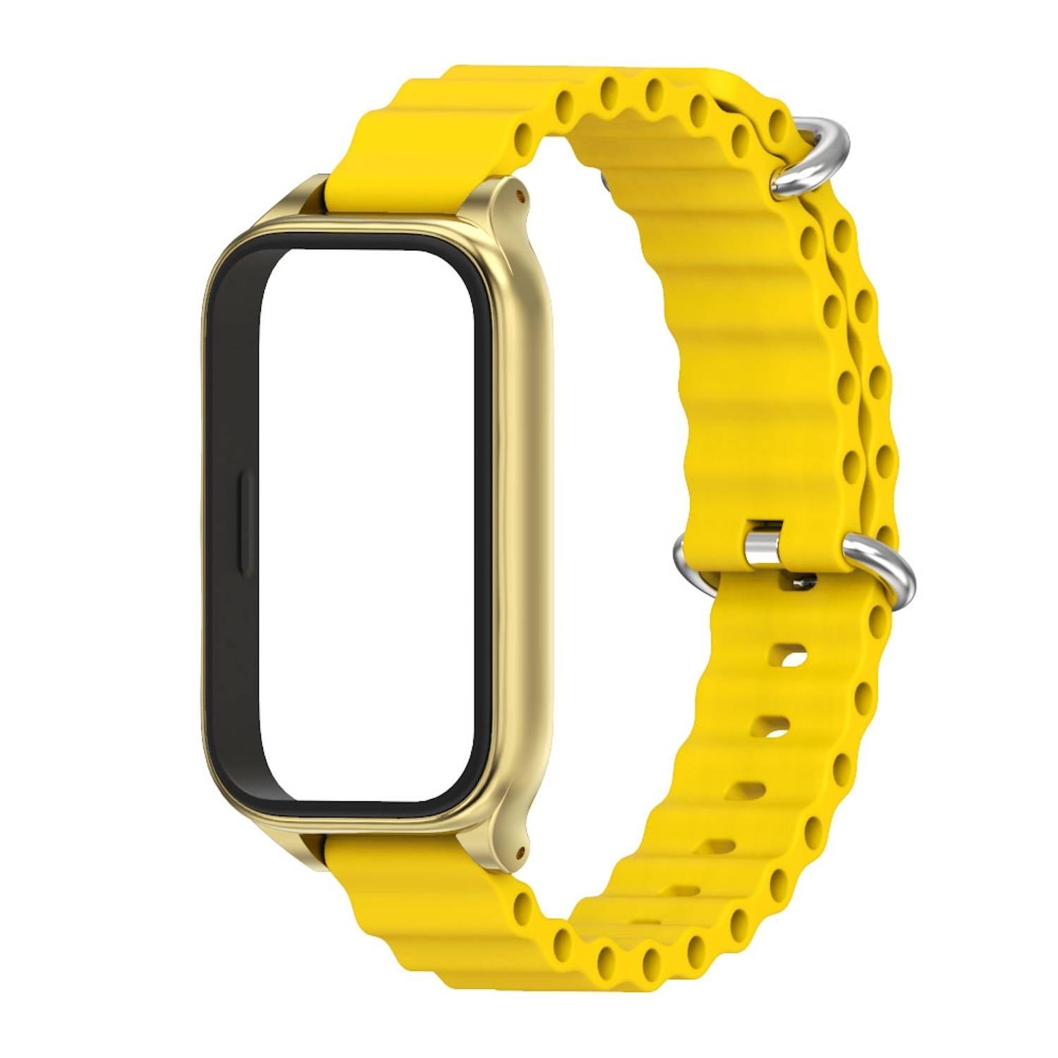 Für Xiaomi Smart Band 9 Active / Redmi Band 3 Silikon Marine Design Arm Band mit Metallrahmen Gelb / Gold