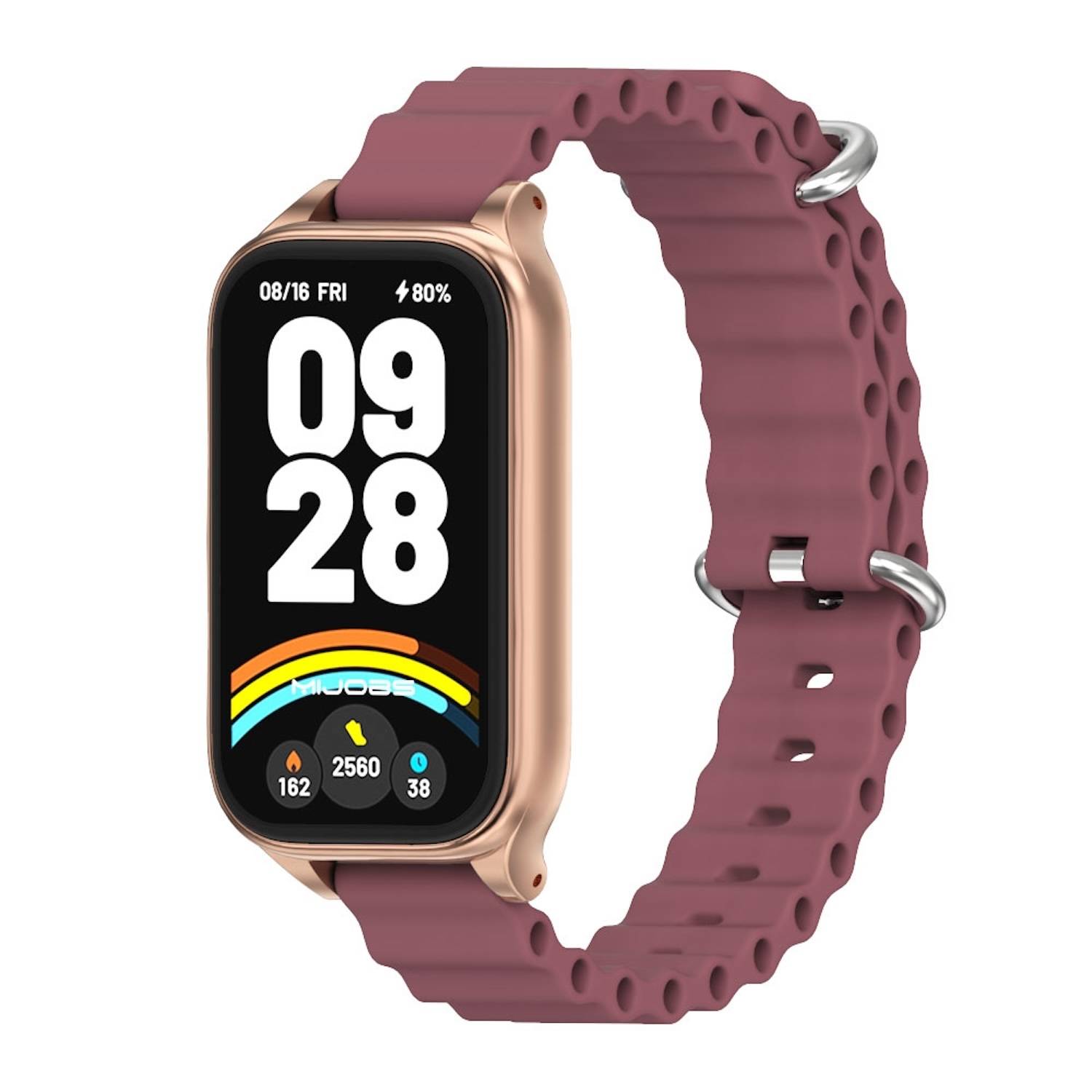 Für Xiaomi Smart Band 9 Active / Redmi Band 3 Silikon Marine Design Arm Band mit Metallrahmen Weinrot / Rose Gold