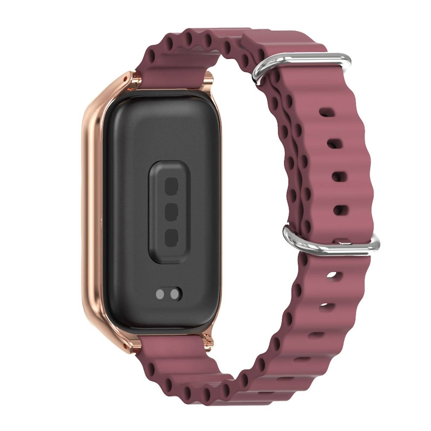 Für Xiaomi Smart Band 9 Active / Redmi Band 3 Silikon Marine Design Arm Band mit Metallrahmen Weinrot / Rose Gold