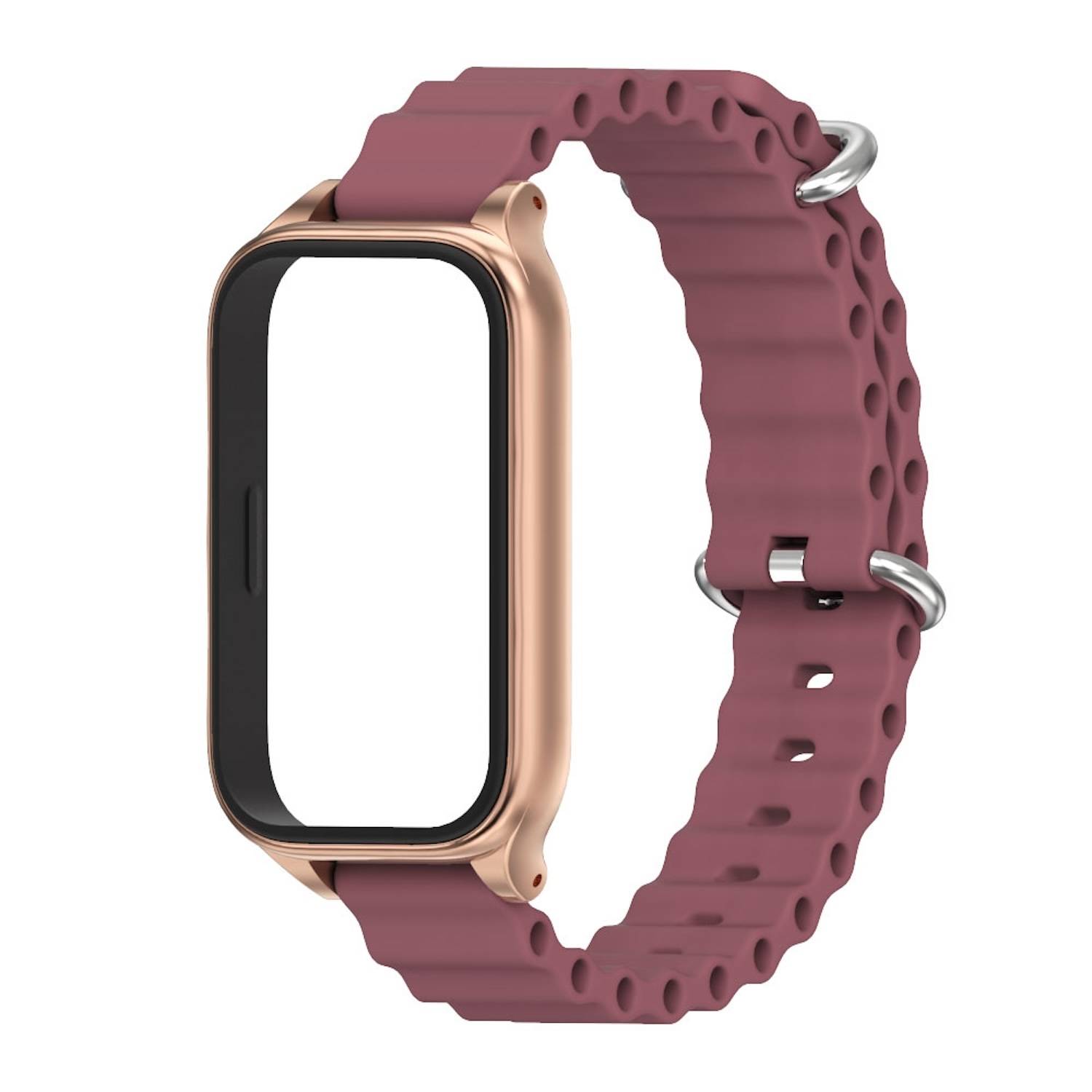 Für Xiaomi Smart Band 9 Active / Redmi Band 3 Silikon Marine Design Arm Band mit Metallrahmen Weinrot / Rose Gold