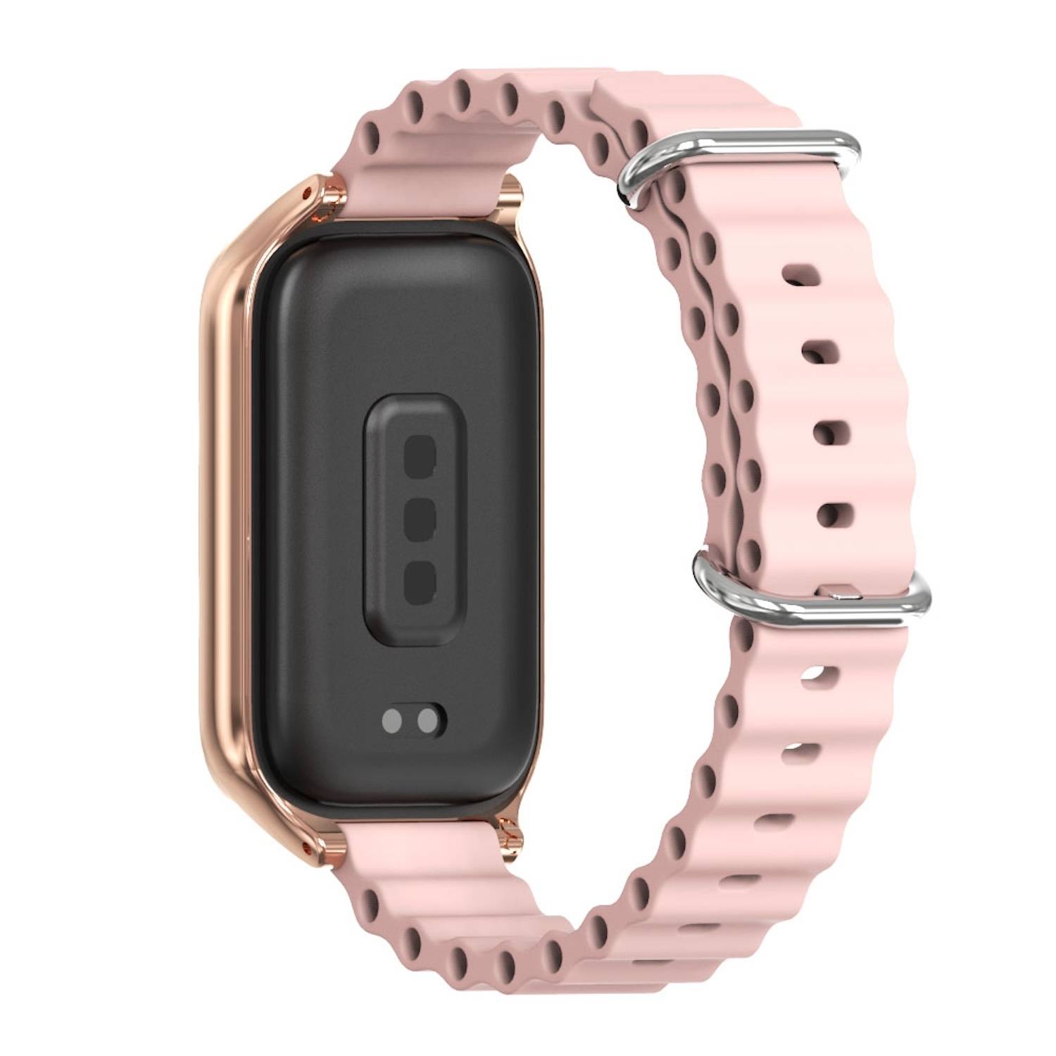 Für Xiaomi Smart Band 9 Active / Redmi Band 3 Silikon Marine Design Arm Band mit Metallrahmen Rosa / Rose Gold