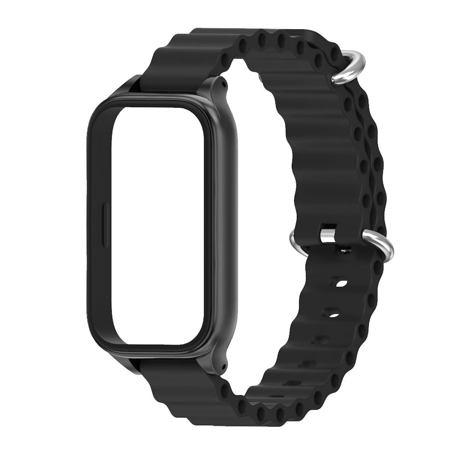 Für Xiaomi Smart Band 9 Active / Redmi Band 3 Silikon Marine Design Arm Band mit Metallrahmen Schwarz