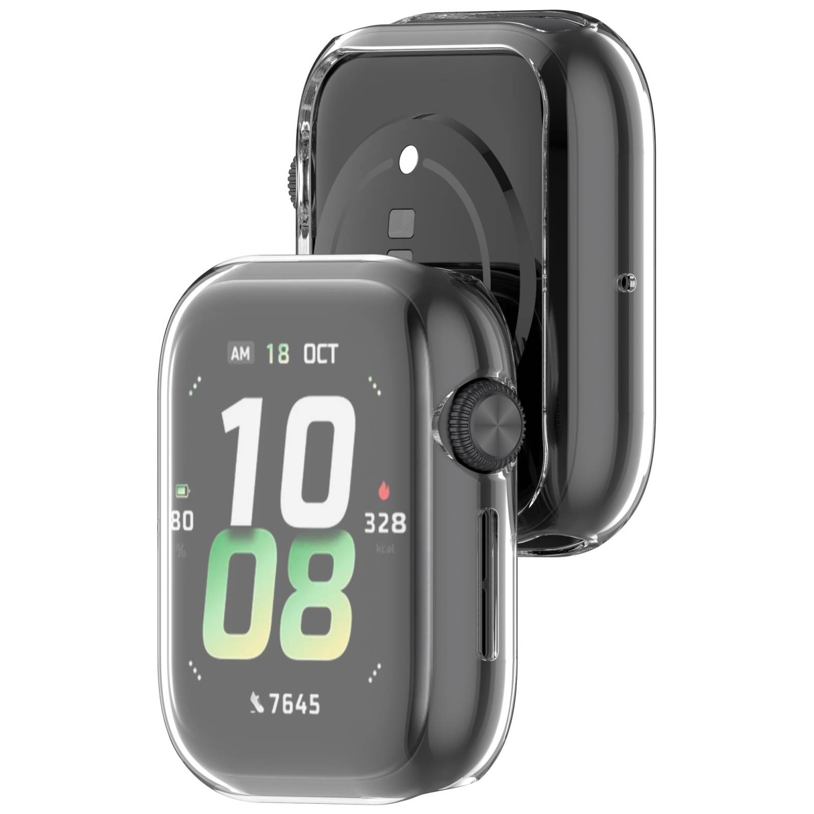 Zwei glänzende rechteckige Smartwatches werden von vorne und hinten gezeigt, wobei das vordere Display 10:08, 18 OCT und Fitness-Statistiken anzeigt.