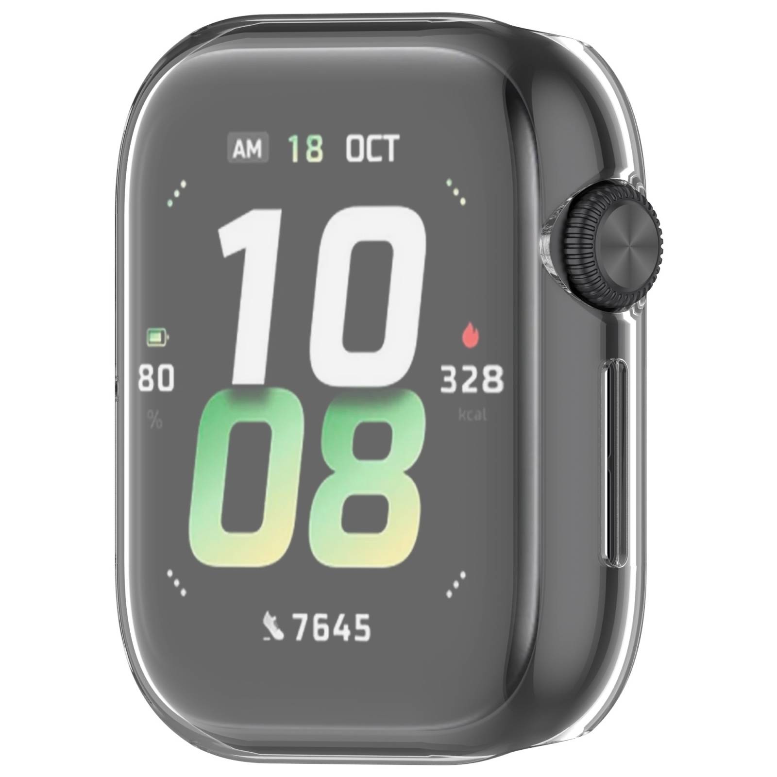 Smartwatch-Display zeigt 10:08 Uhr am 18. Okt, mit Akku bei 80%, 328 kcal verbrannt und 7.645 Schritte.