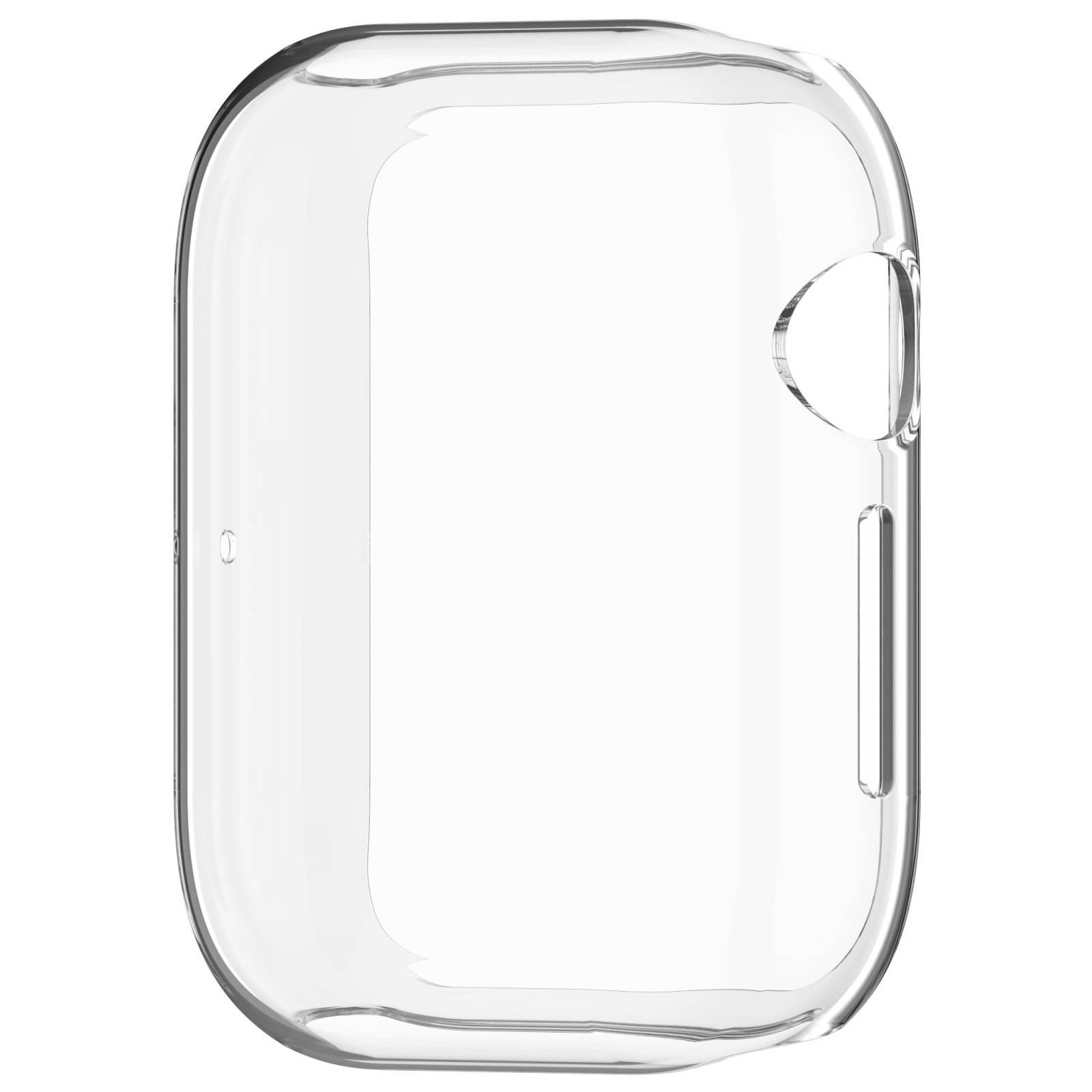 Transparente durchsichtige Schutzhülle für eine kleine rechteckige Smartwatch, Vorderansicht auf weißem Hintergrund dargestellt.