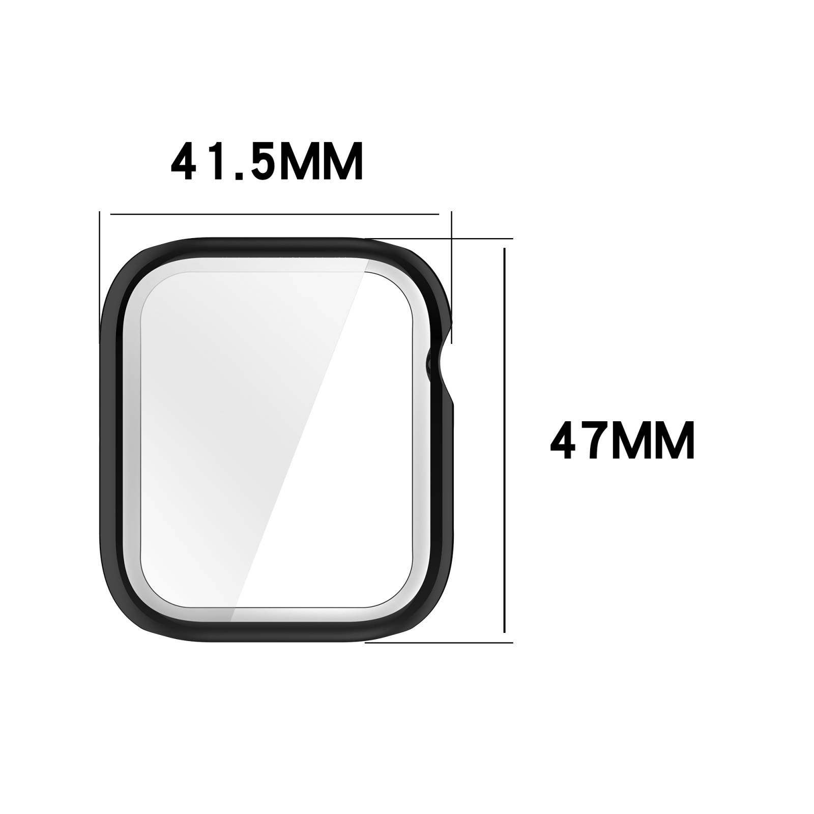 Produktgrößendiagramm eines Gehäuses mit abgerundeten Ecken mit einer Breite von 41,5 mm und einer Höhe von 47 mm.