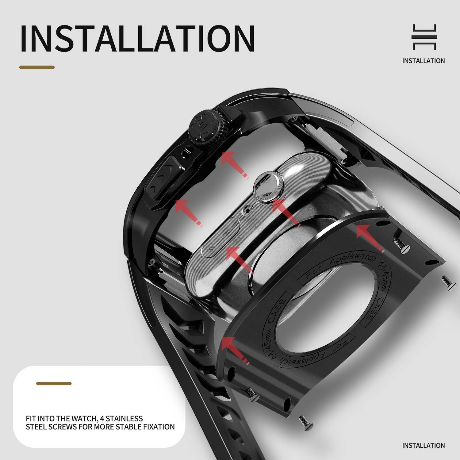 Für Apple Watch Series 9 8 7 45 / SE 6 5 4 44 Silikon Band Metall Gehäuse Hülle