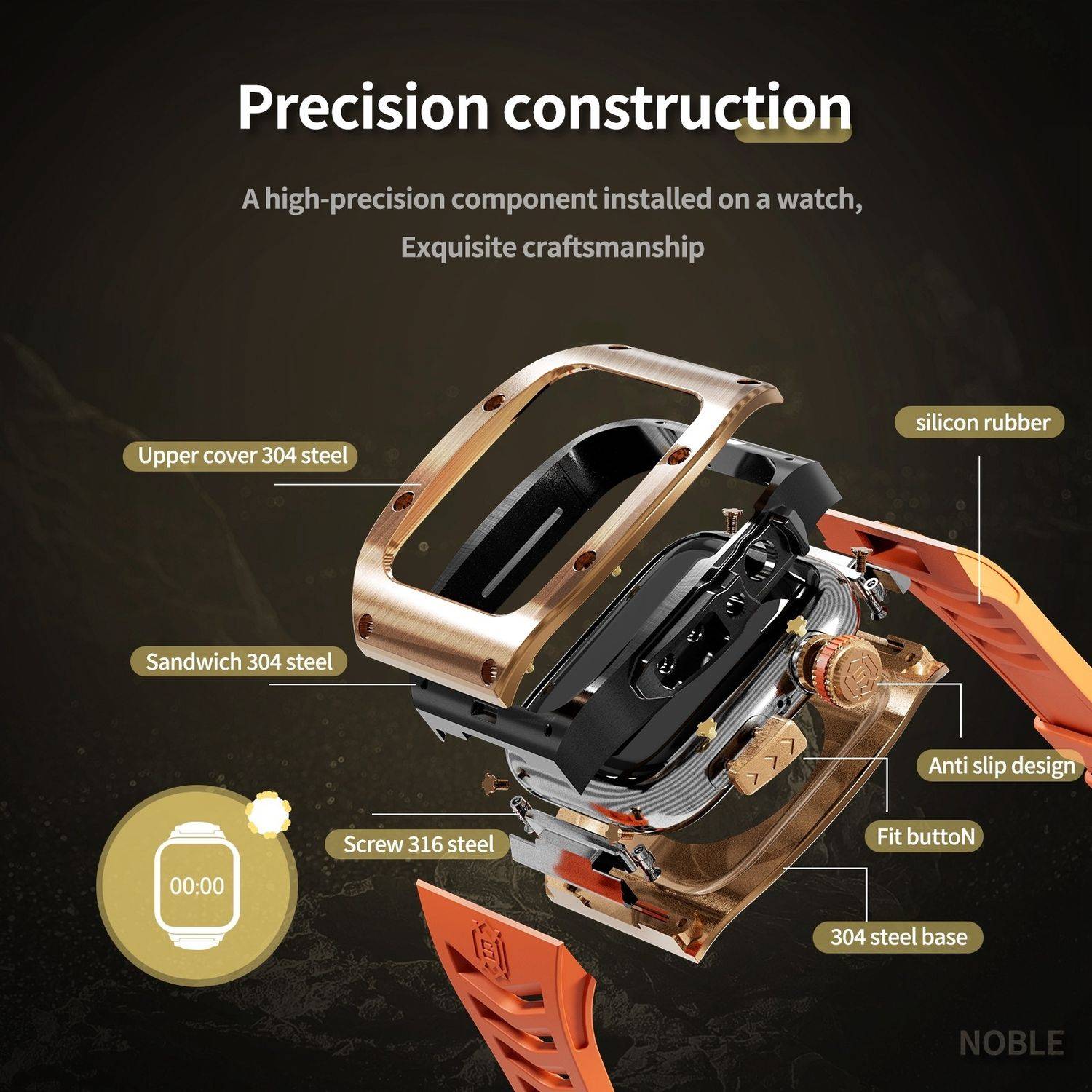 Für Apple Watch Series 9 8 7 45 / SE 6 5 4 44 Silikon Band Metall Gehäuse Hülle