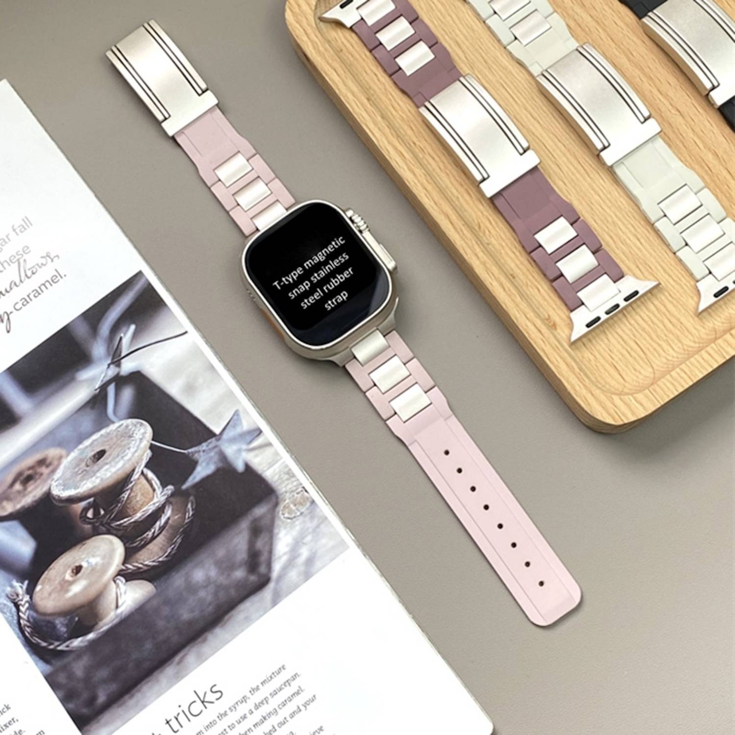 Für Apple Watch Series 10 42mm / 9 8 7 41 / 6 SE 5 4 40mm Design Magnetschnalle Edelstahl Armband Rosa / Beige