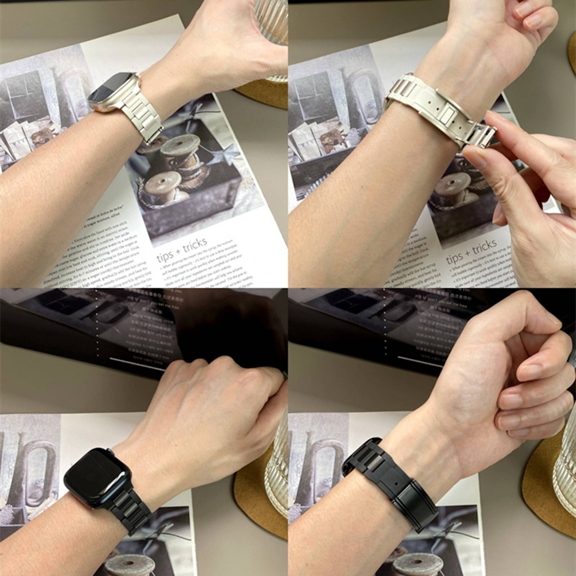 Vierteiliges Fotomosaik mit Händen beim Justieren und Befestigen eines Metall- und dann schwarzen Smartwatch-ähnlichen Armbands an einem Handgelenk.