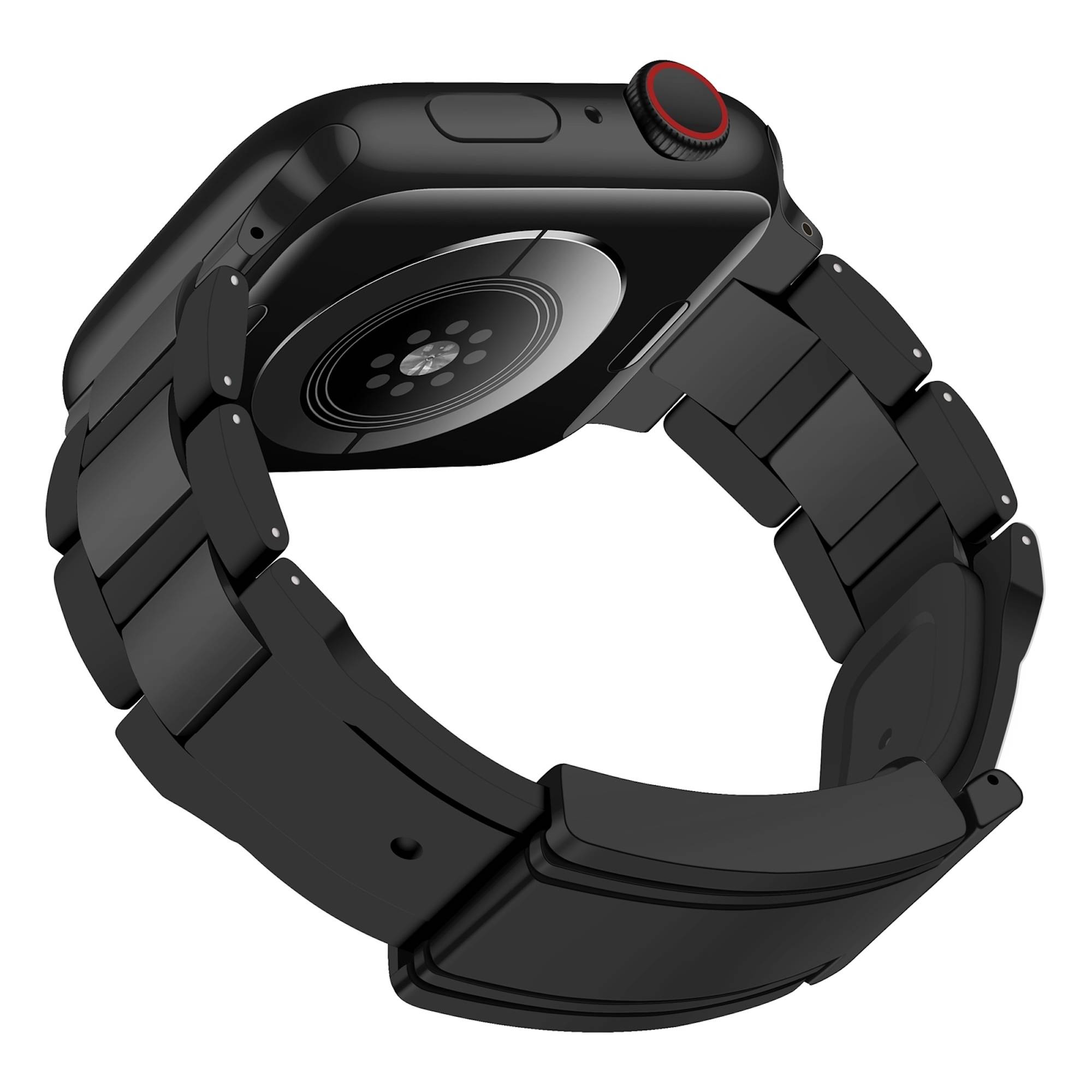Schwarze Smartwatch mit breitem Band, von hinten gezeigt, mit Fokus auf die runde Sensorunterseite und rot akzentuierte Krone.