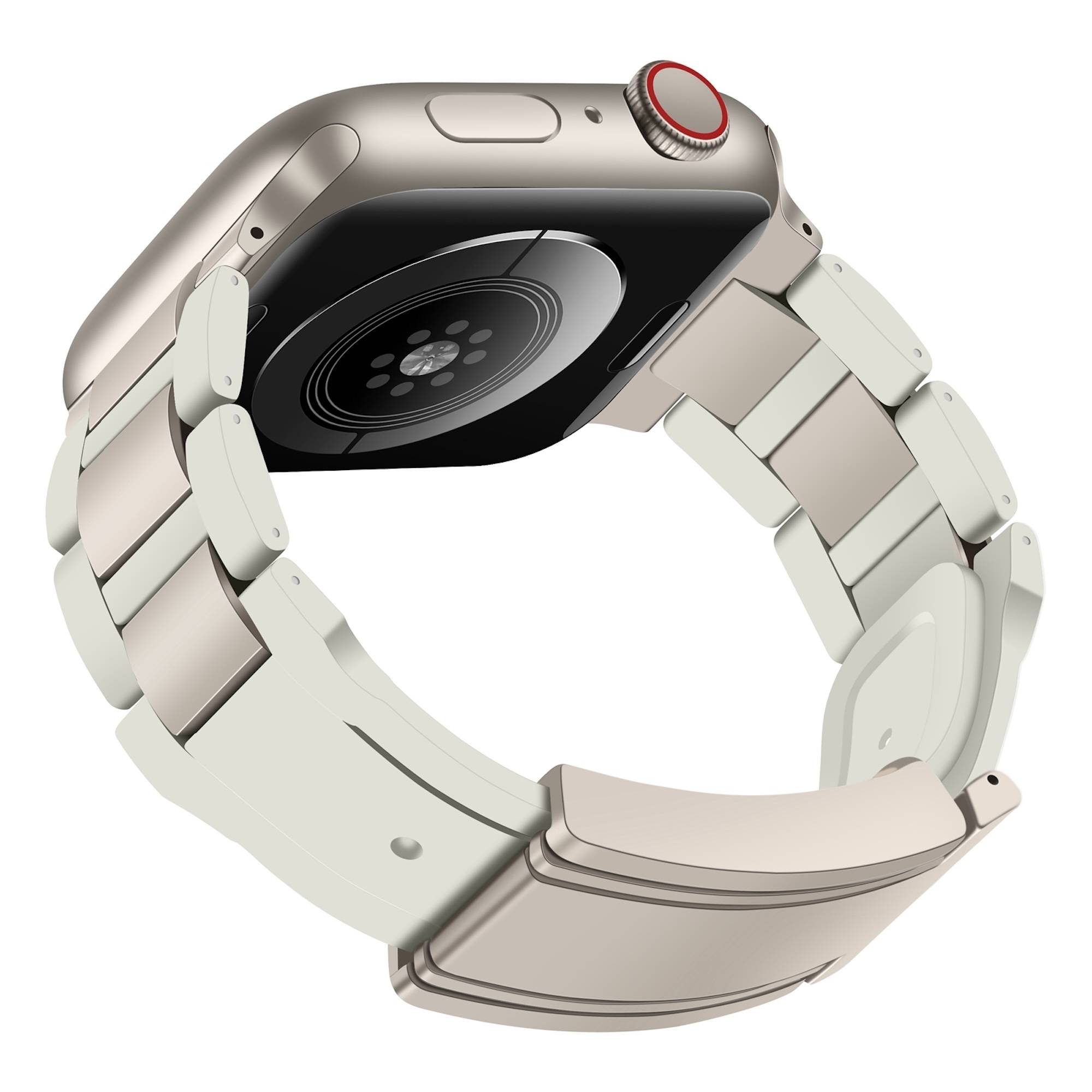 Apple Watch von hinten und von der Seite gezeigt, mit einem silbernen Gehäuse, einer rot umrandeten digitalen Krone und einem hellen Metallband auf weißem Hintergrund.