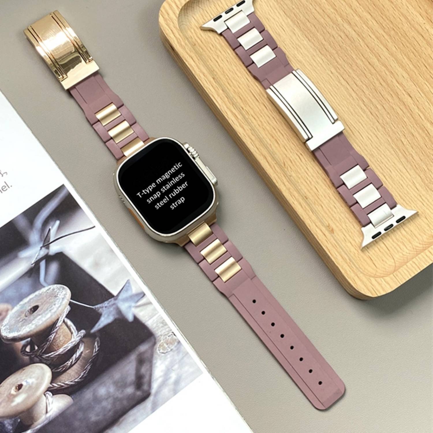 Für Apple Watch Series 10 46mm / 9 8 7 45 / 6 SE 5 4 44mm Design Magnetschnalle Edelstahl Armband Lila / Rose Gold