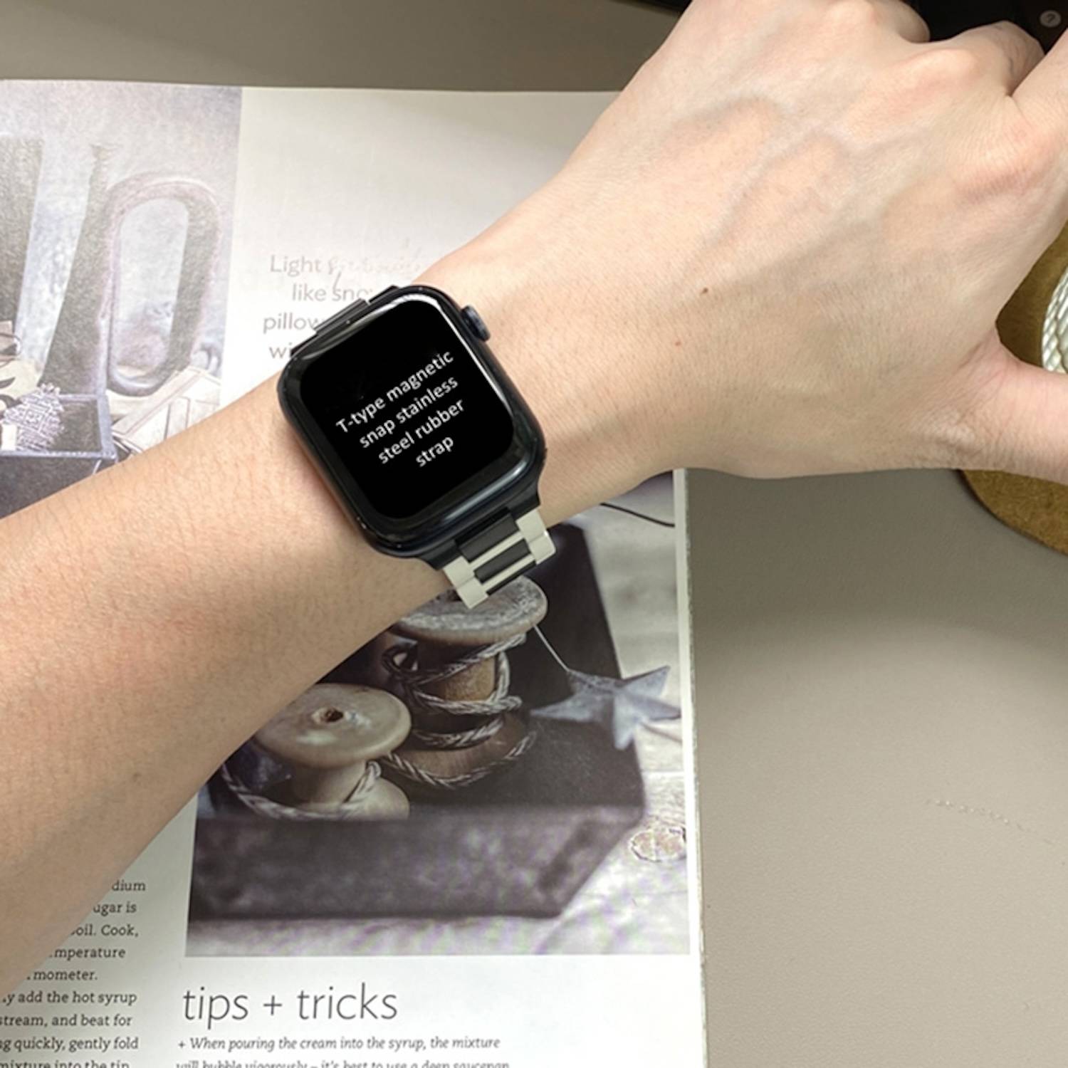 Für Apple Watch Series 10 46mm / 9 8 7 45 / 6 SE 5 4 44mm Design Magnetschnalle Edelstahl Armband Beige / Schwarz