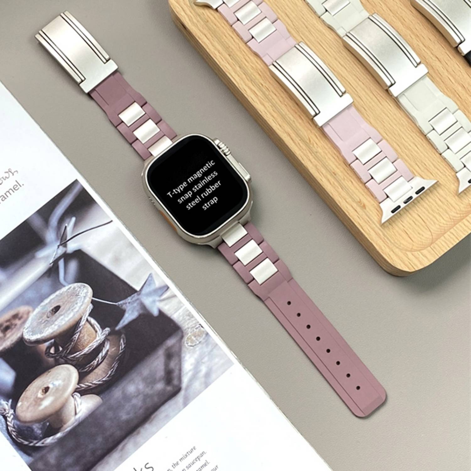 Für Apple Watch Series 10 46mm / 9 8 7 45 / 6 SE 5 4 44mm Design Magnetschnalle Edelstahl Armband Lila / Beige