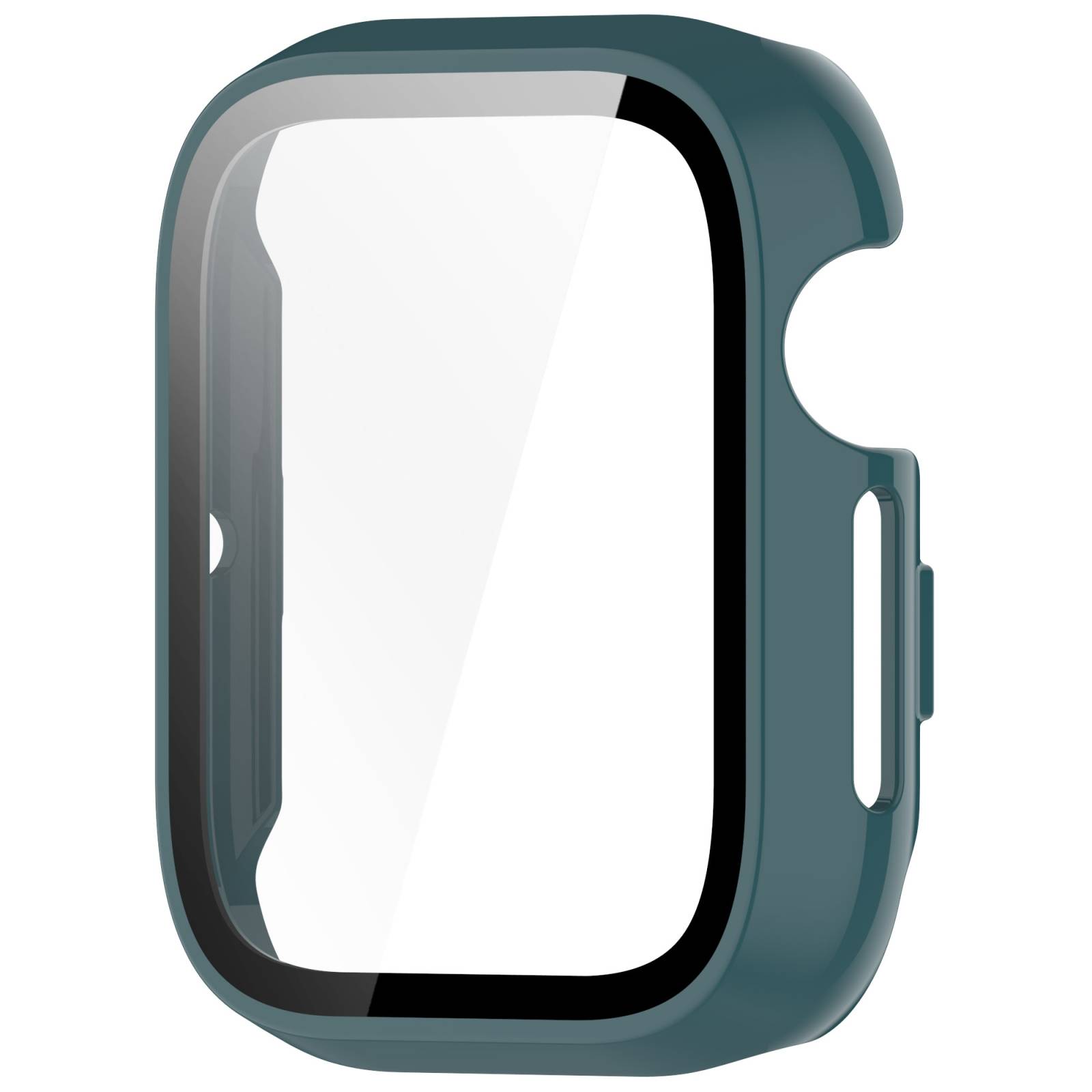Türkisfarbene Schutzhülle für eine Smartwatch, Vorderansicht mit großer Bildschirmöffnung und seitlichen Tastenaussparungen.