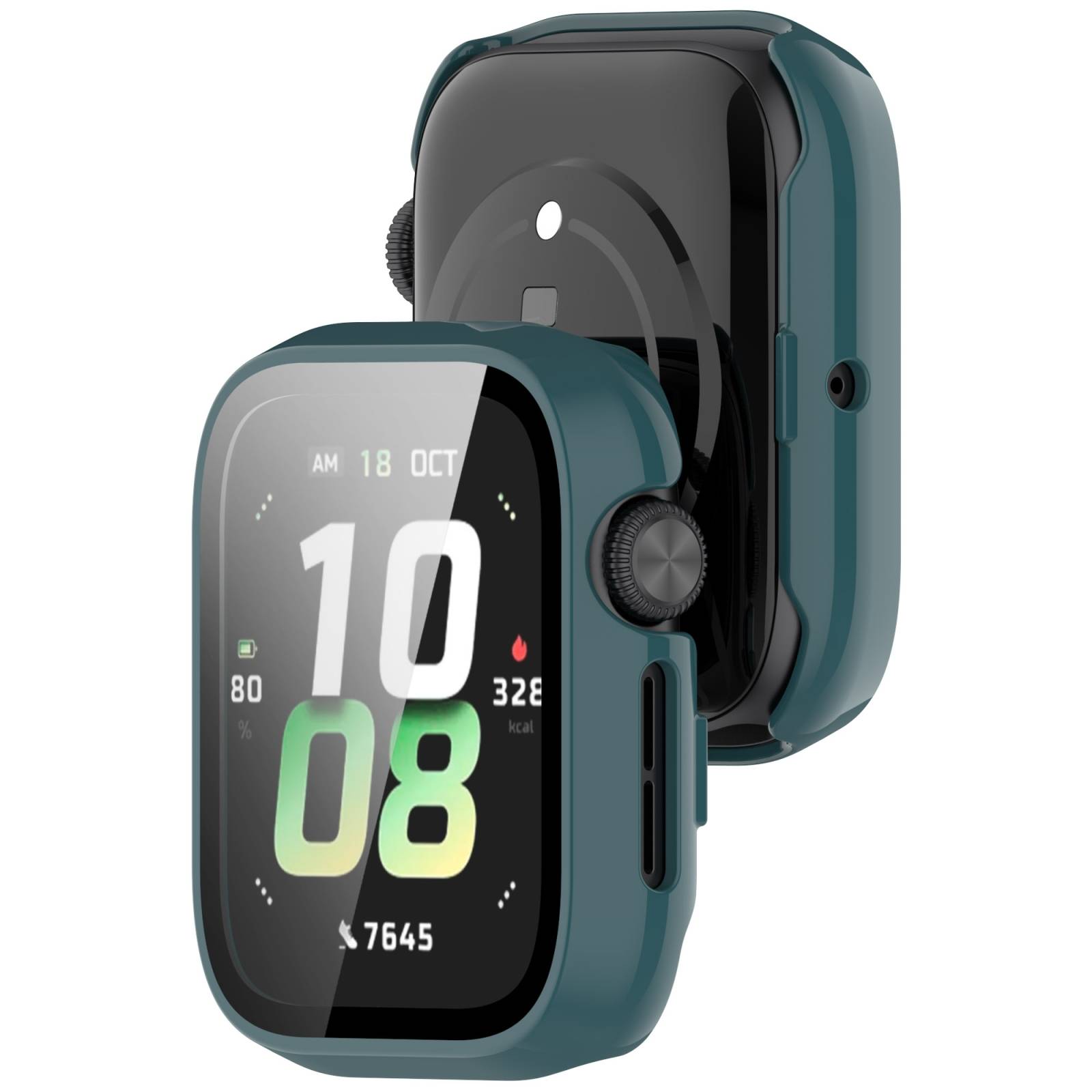 Teal-Smartwatch von vorn und hinten gezeigt, mit quadratischem Display, das die Zeit 10:08, das Datum 18 OKT und Fitness-Statistiken anzeigt.