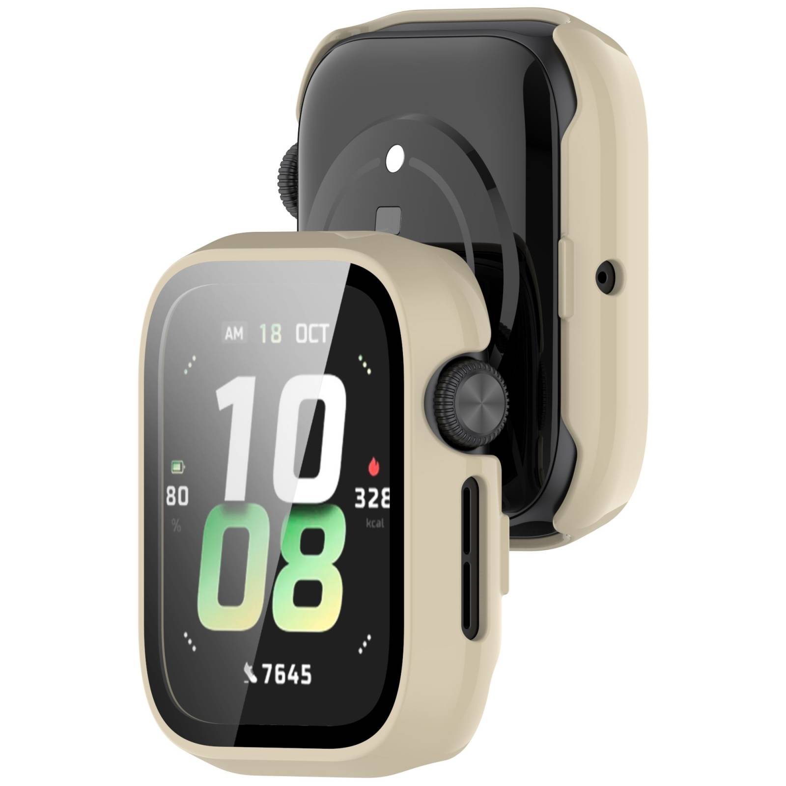 Zwei beige Smartwatch-Gehäuse, die von vorne und hinten gezeigt werden, mit einem digitalen Zifferblatt, das Zeit, Datum, Schritte und Kalorien anzeigt.