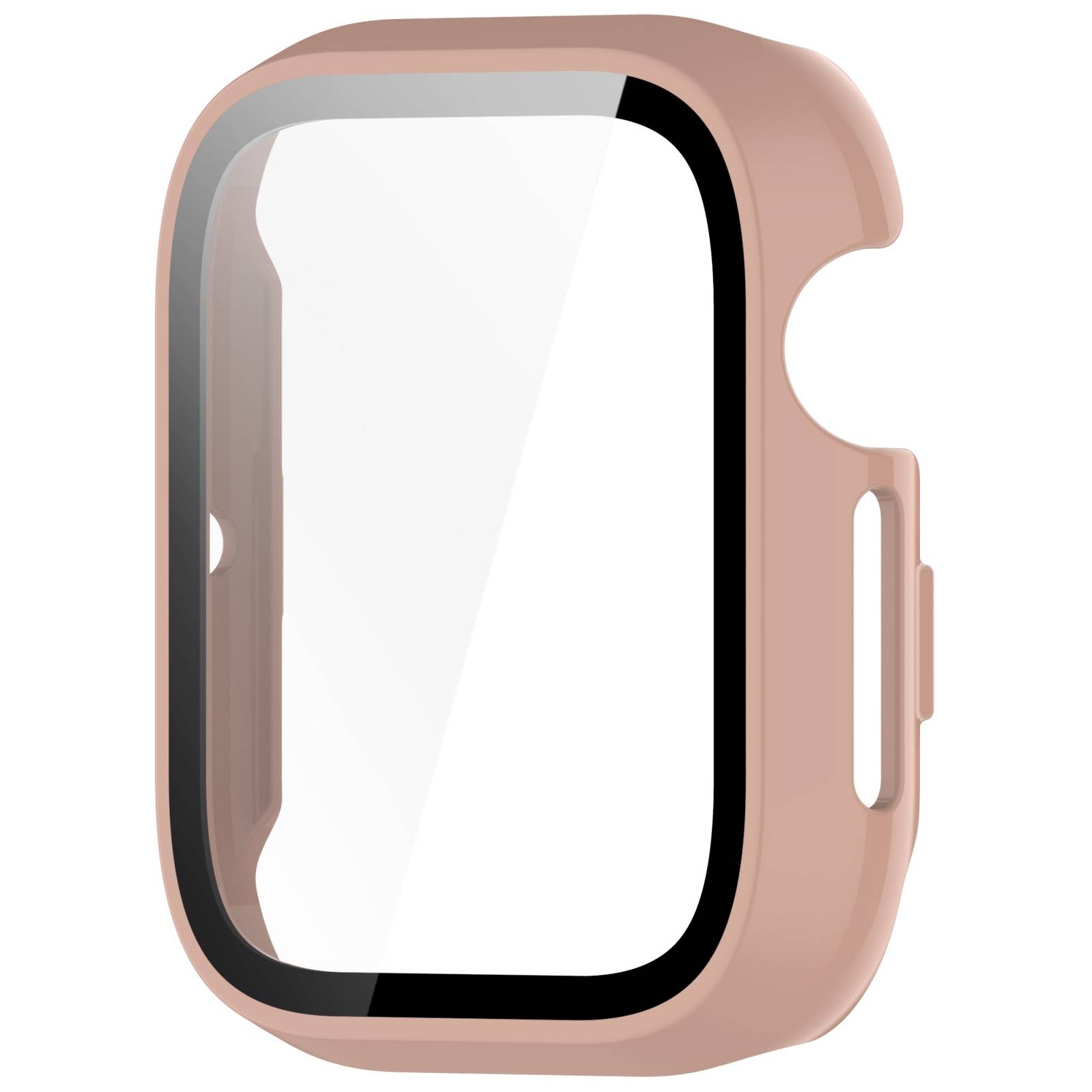Rosé-goldener Smartwatch-Gehäuse mit transparenter Schutzbildschirmabdeckung, isoliert auf weißem Hintergrund dargestellt.